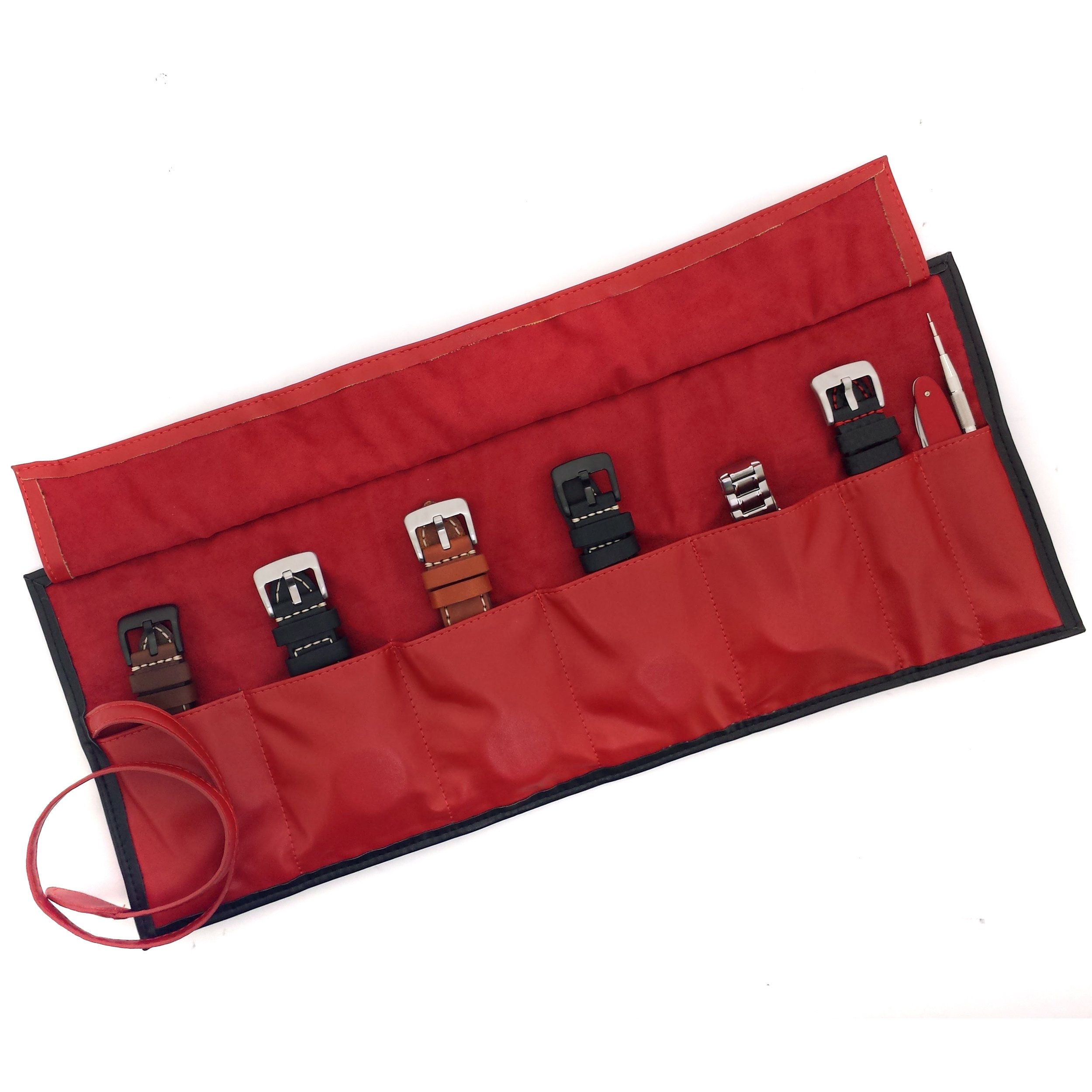 Travel Roll up Watch Case Organizer for Apple Watch Bands Straps Accessories (Black/Red)