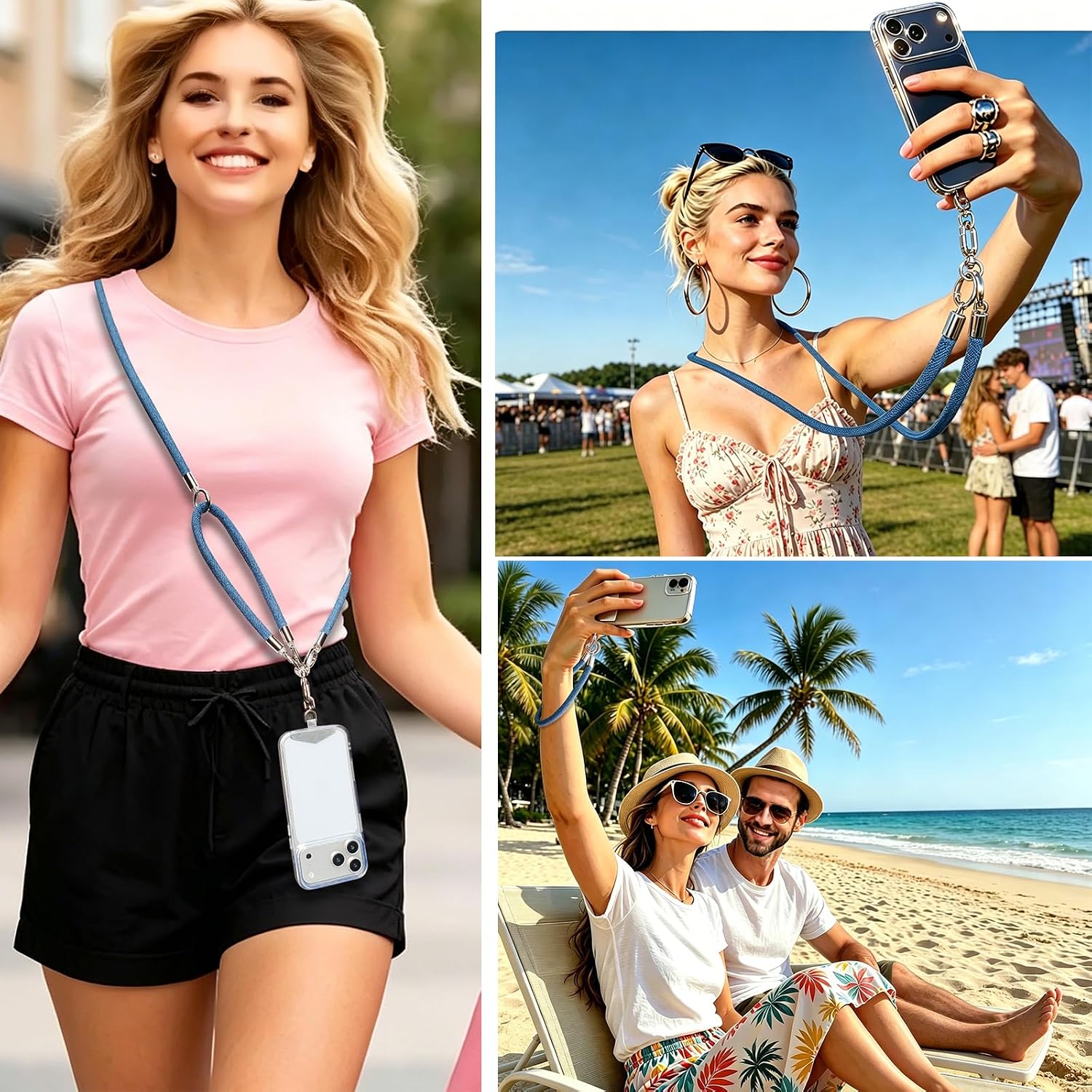 3-in-1 Denim Phone Lanyard Crossbody with Detachable Wrist Strap, Cell Phone Crossbody Strap for Women, Vintage Anti-Theft Phone Cord, Adjustable Jean Fabric Lanyard Compatible with All Phones