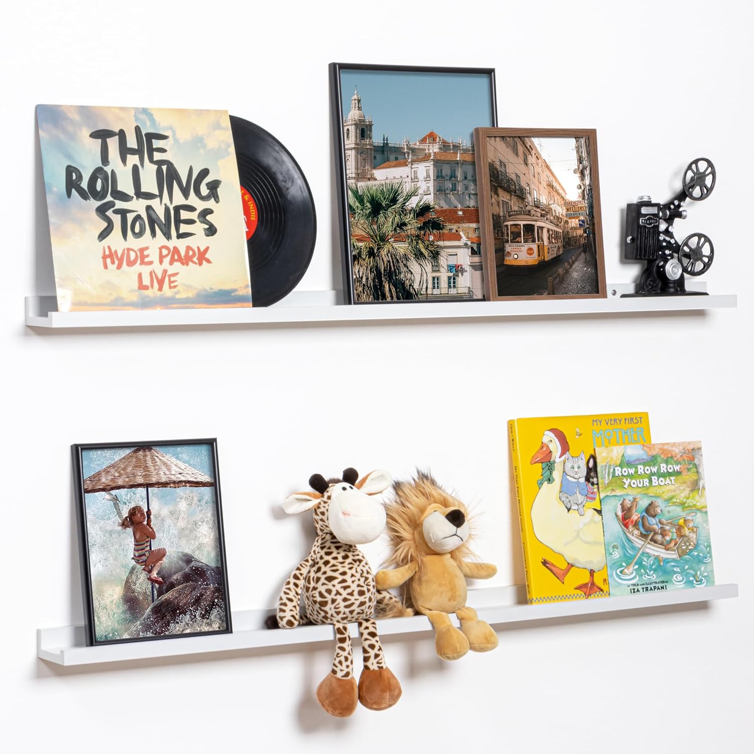 Fun Memories Picture Ledge Shelf, 48 Inch Floating Shelves Set of 2, Large Nursery Book Shelves for Toys Storage, Kids Bookshelf Wall Mounted for Wall Decor Books Photo Frames, White White 48"W x 3.5"D, Set of 2