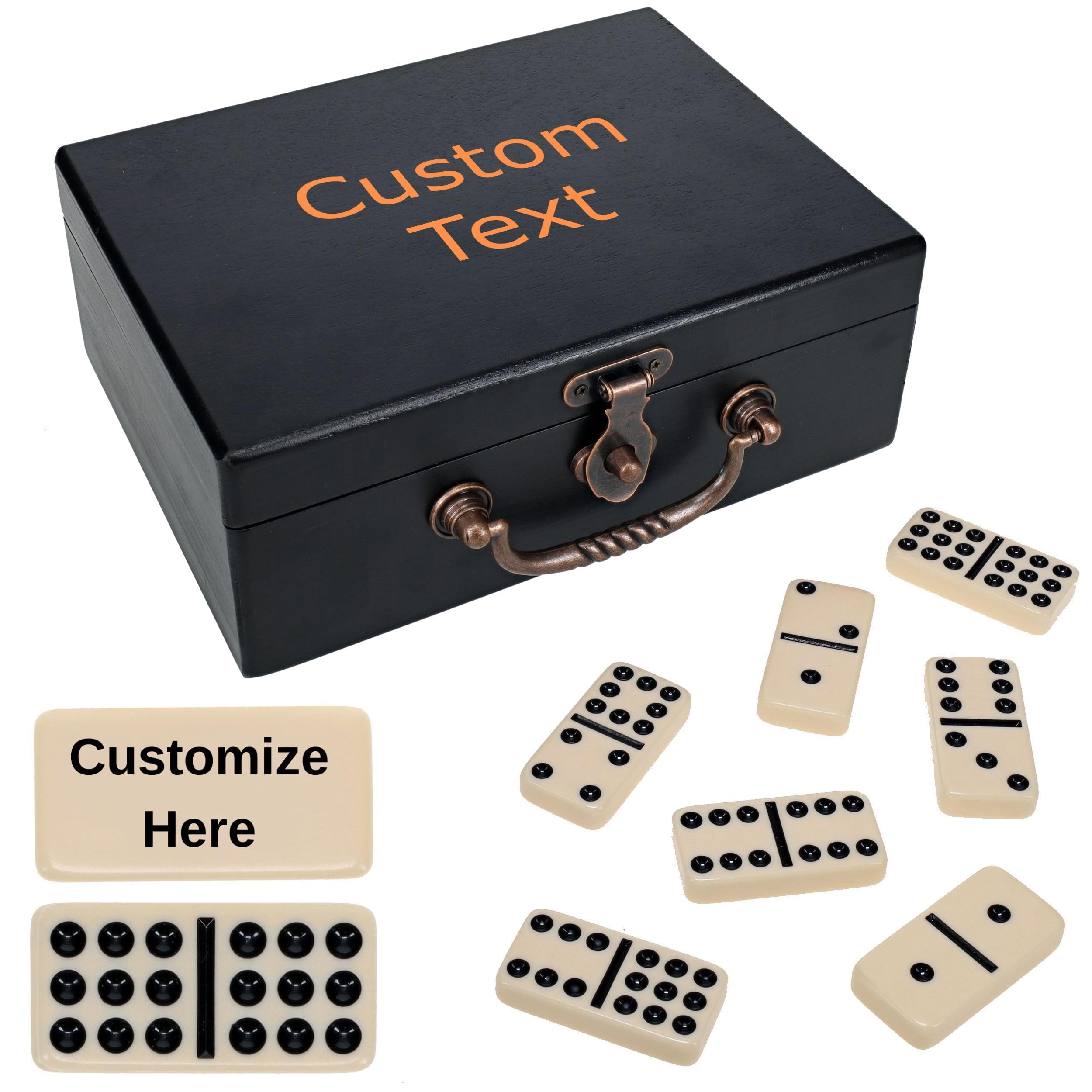 WE Games Custom Color Printed Text Double 9 Dominoes in Black Stained Wooden Treasure Box, Dominoes Set for Adults, Ivory Color Double Nine Domino, Tile Games, Personalized Domino Gift