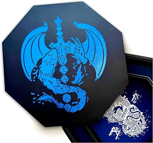 Fantasydice - Azul - Dragón de Fuego - Bandeja de dados - Octágono de 8 pulgadas con tapa y área de preparación de dados - Capacidad para 5 juegos
