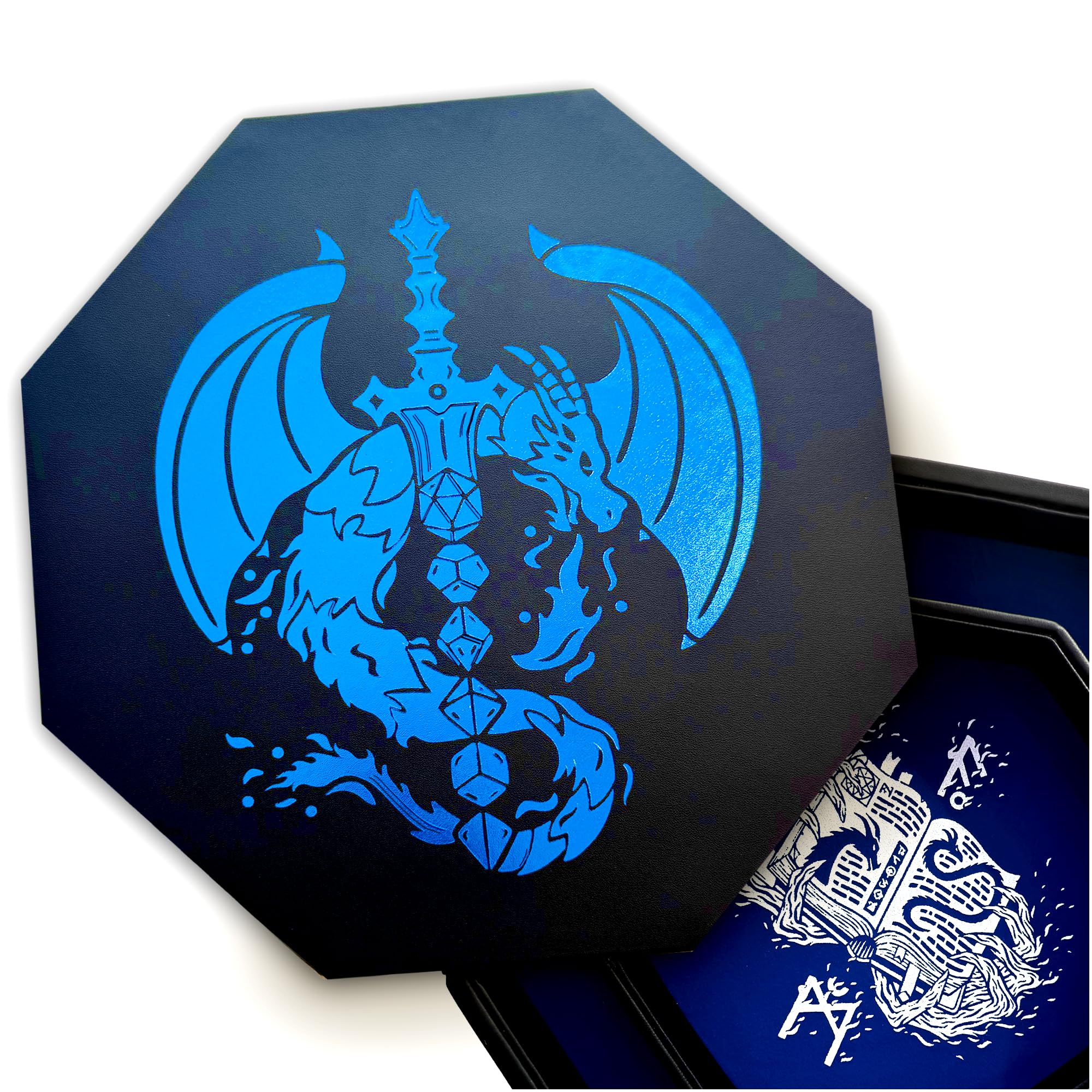 Fantasydice Blue Dragon Dice Sword with Wizard Book Print, 9" Octagon Tray with Lid and Dice Staging Area