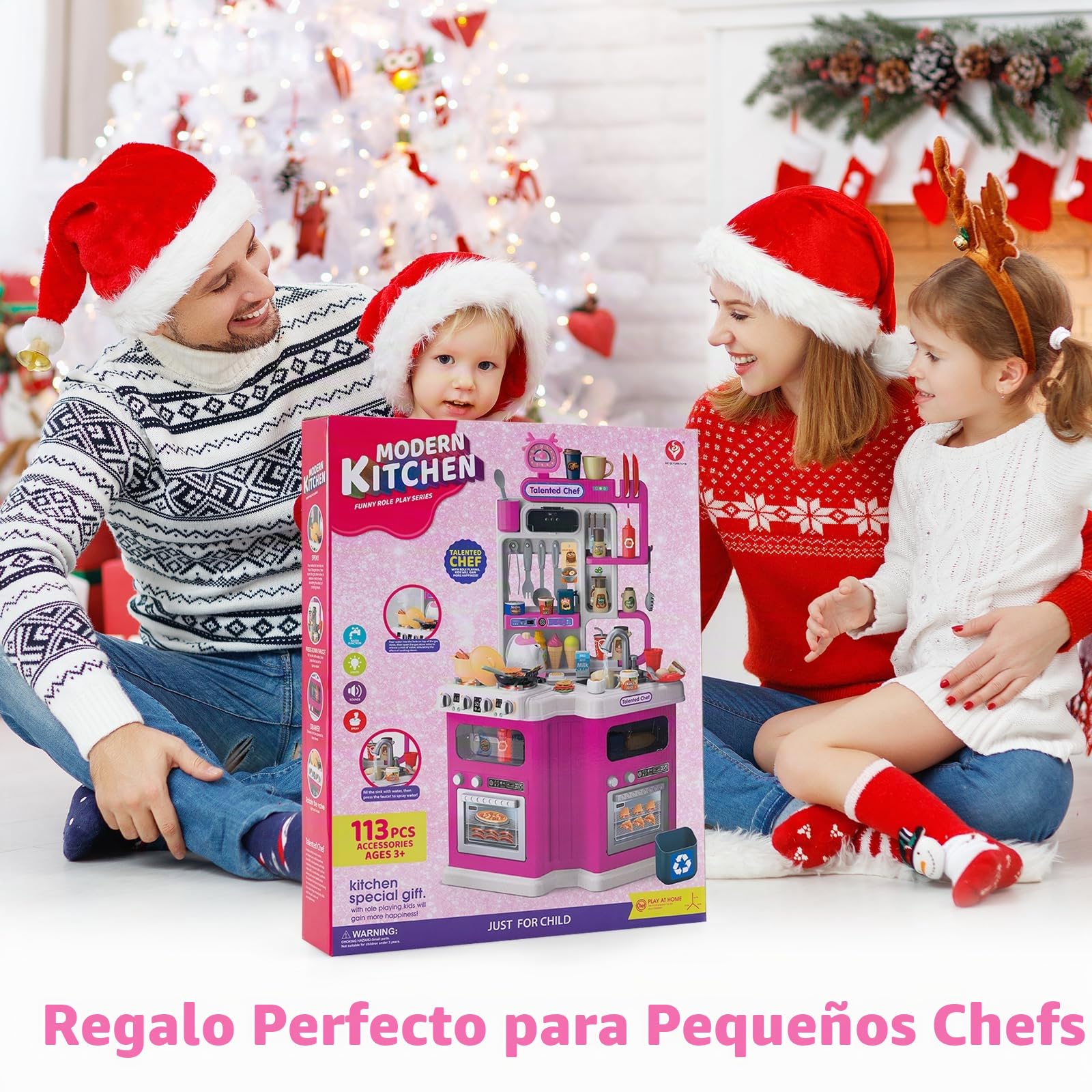 HOMASIS Cocina de Juguete con Sonidos y Luces, Juego de rol de Cocina con 75 Piezas, Agua al Vapor, Grifo con Agua y Fregadero, para Niños a Partir de 3 Años (Rosa)