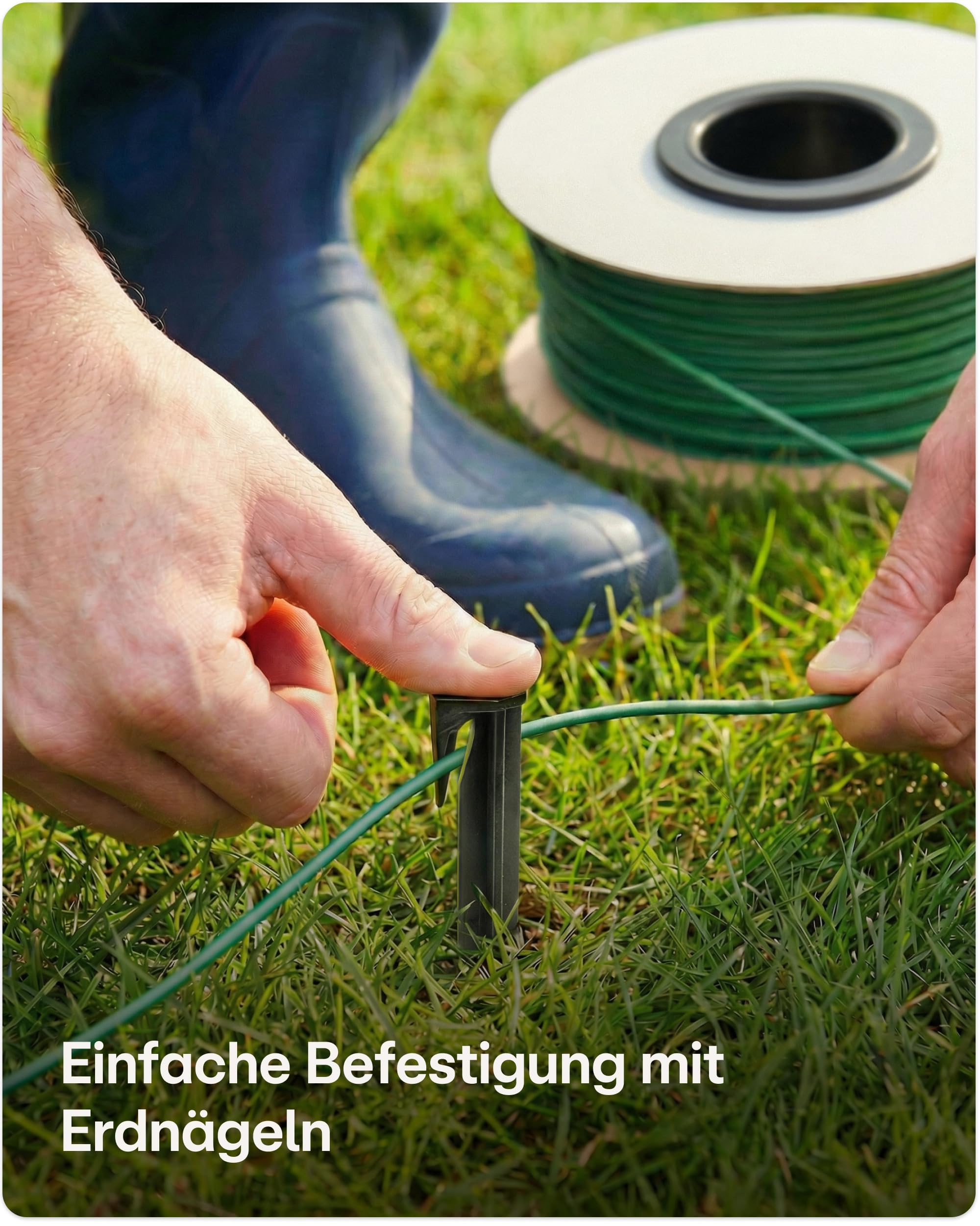 Praknu Begrenzungskabel Mähroboter Set (150m)– Universal Rasenmäher Kabel für alle Marken – Inkl. 150 m Draht, Erdnägel & Gel-Steckverbinder – Begrenzungsdraht Mähroboter