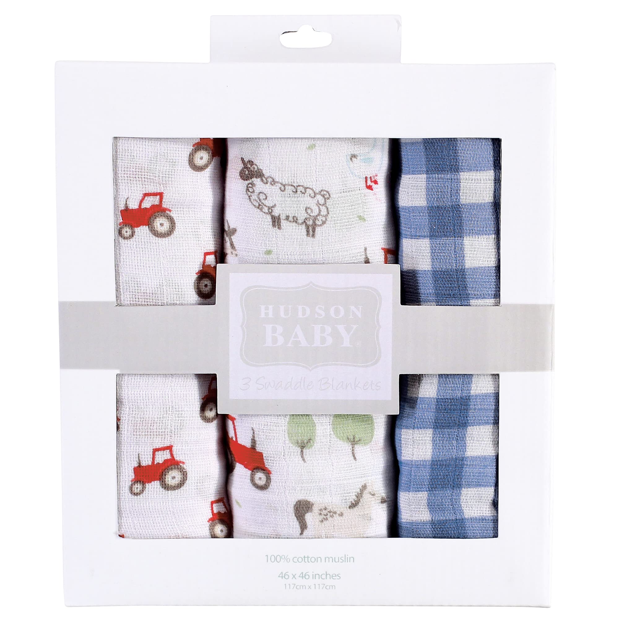 Hudson Baby Unisex Baby Cotton Muslin Swaddle Blankets, Boy Farm Animals, One Size
