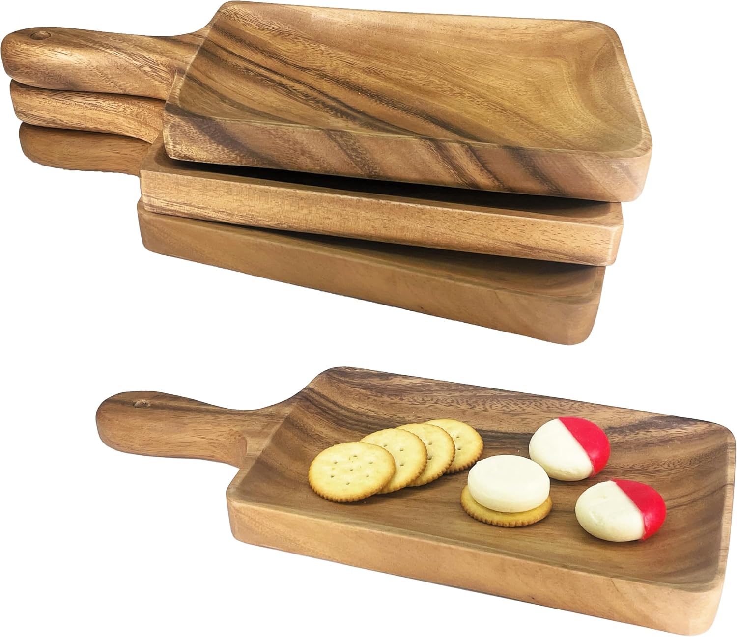 Woodard & Charles Acacia Wood Large Individual Paddle Board Serving Tray, 13.75" x 6", Set of 4