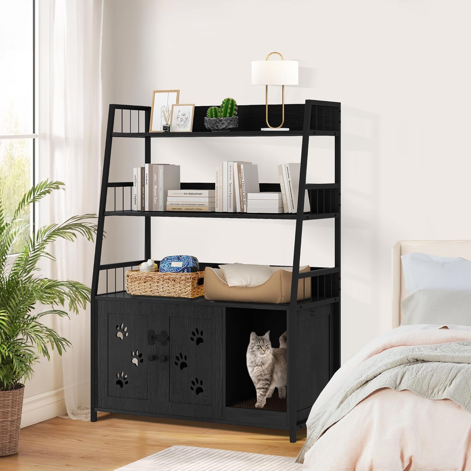 DKLGG Cat Litter Box Enclosure with 3 Shelve, Large Wood Cat Litter Box Furniture with Hook and Scratch, Hidden Wood Sturdy Pet Washroom, Fit Most of Litter Box