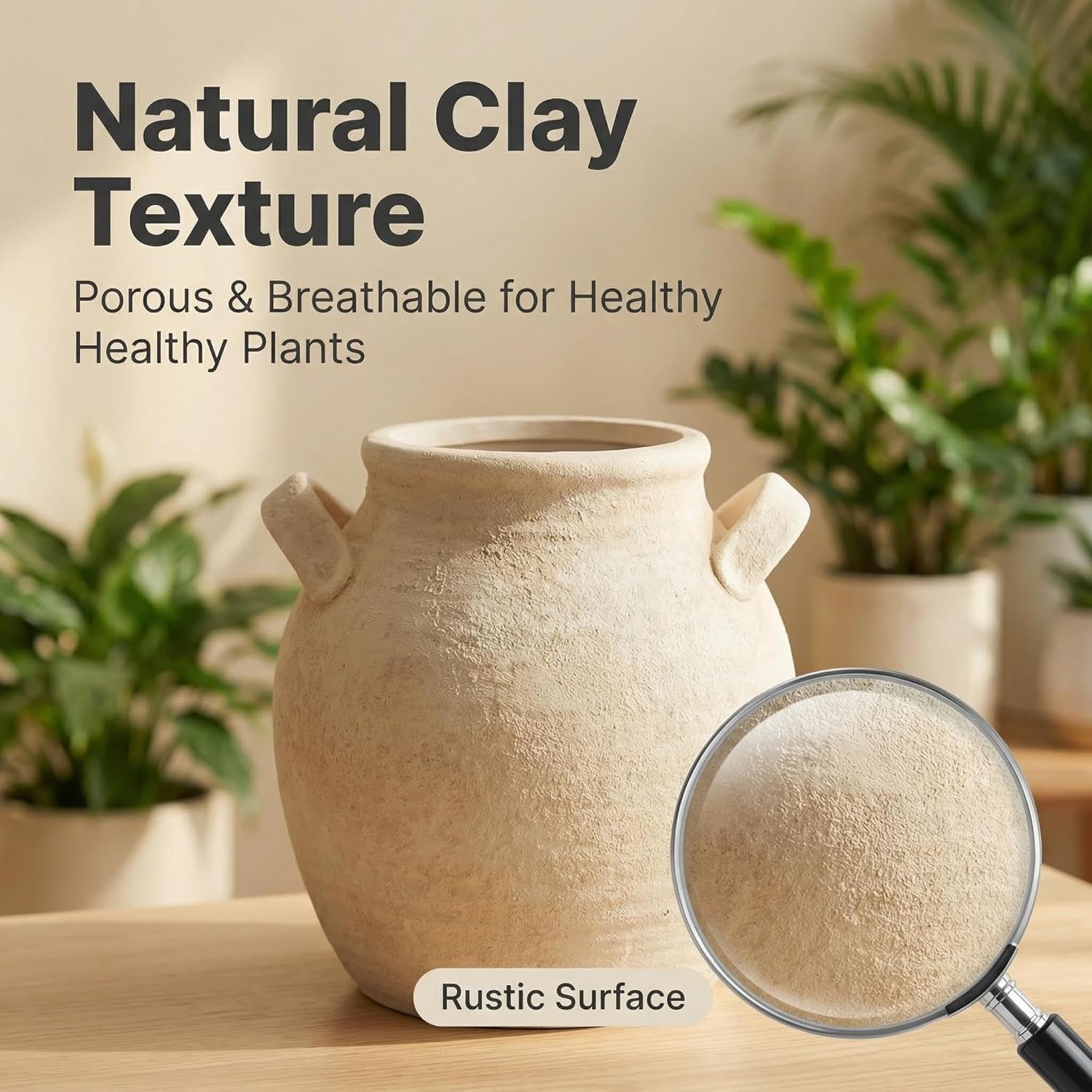 Vintage Ceramic Vase with Handle, 7 Inch Farmhouse Rustic Pot, Retro Table Centerpiece for Coffee Desk, Living Room Bookshelf & Fireplace Dining Room Mantel Decor