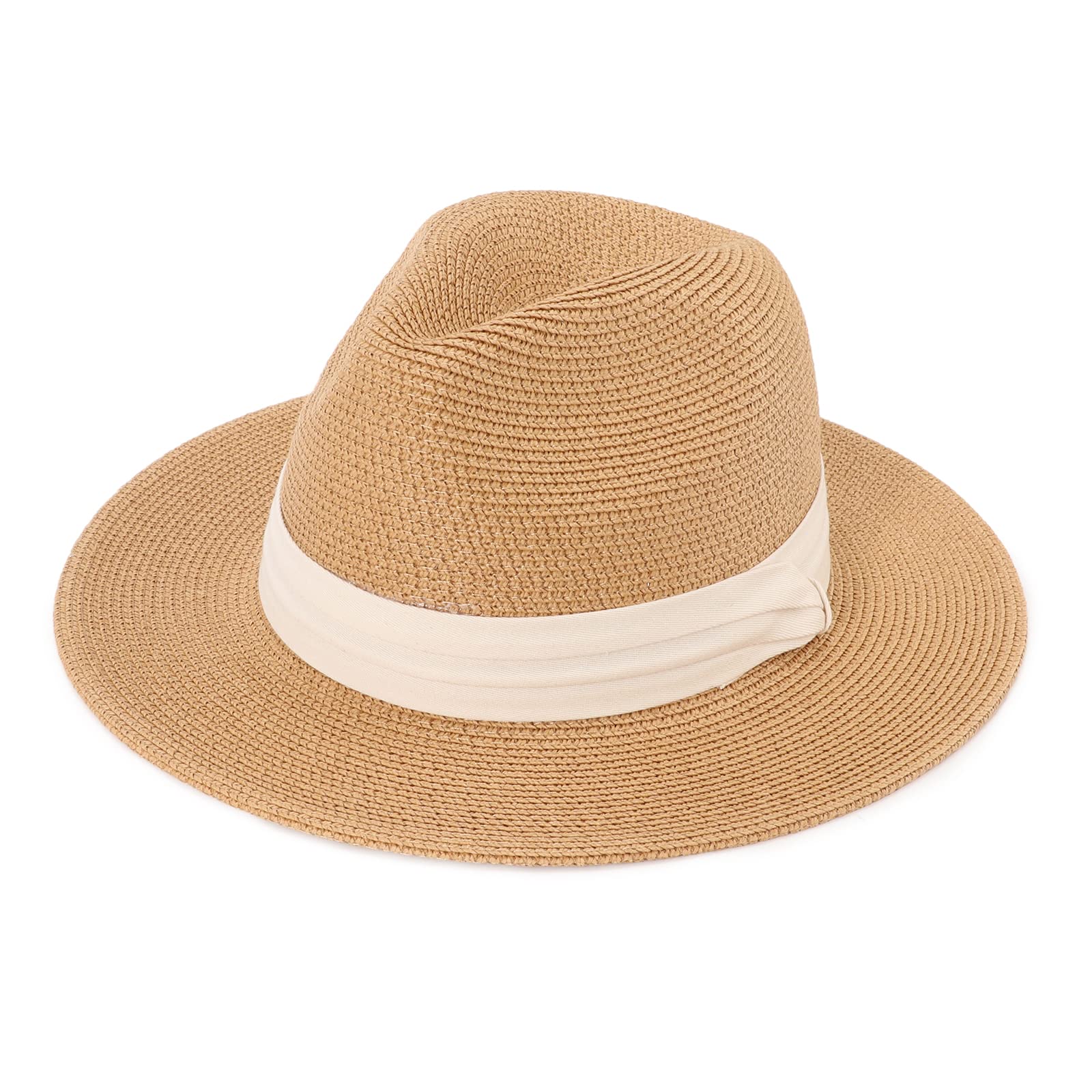 DRESHOW Women Wide Brim Straw Panama Roll up Hat Fedora Beach Sun Hat UPF 50+