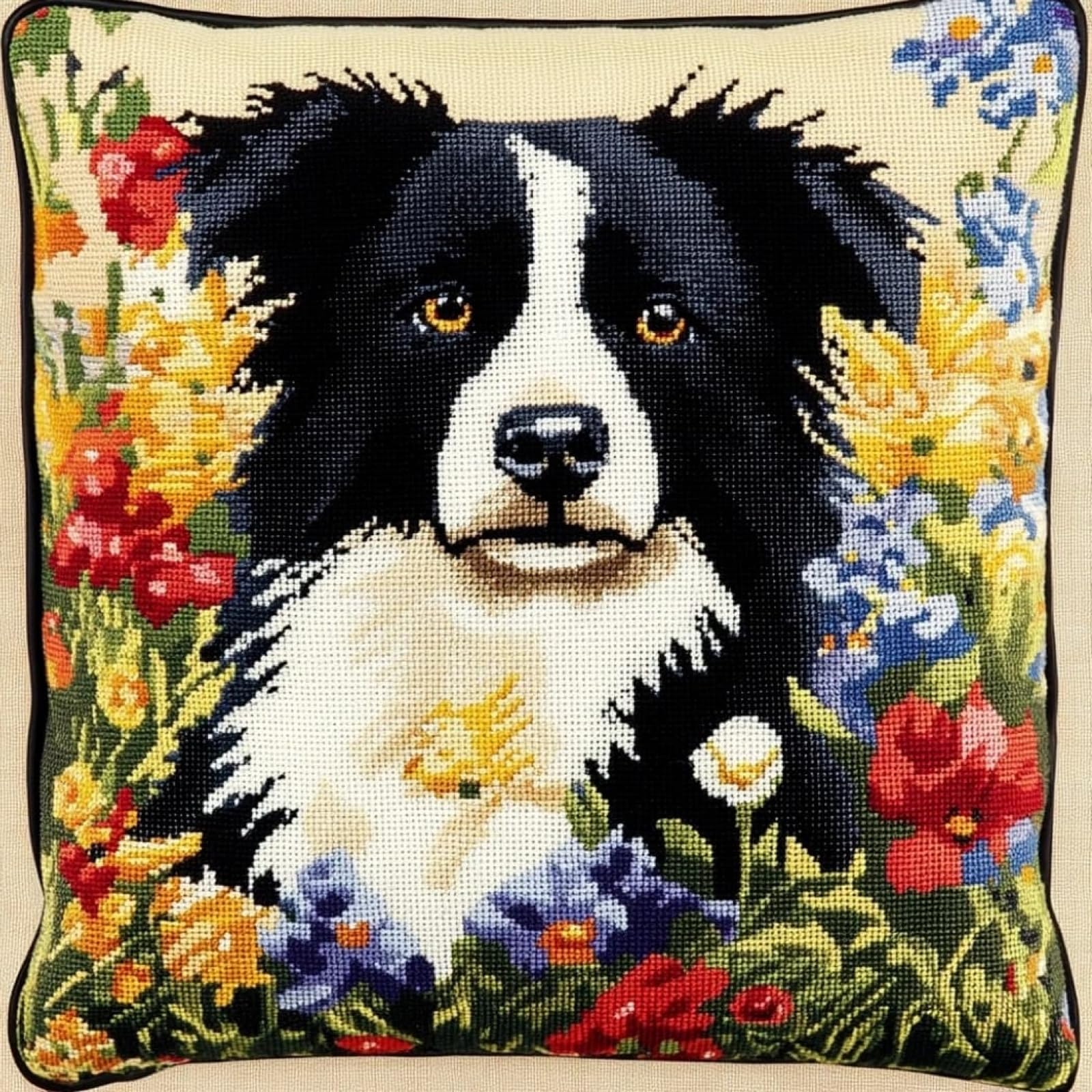 WallustrioaW Stamped Cross-Stitch Kit Printed Canvas,Border Collie in the Flowers,Cross Stitch Cushion Kits Needlework for Adult Beginners 11ct Decoration Embroidery Pillow Case,45x45cm