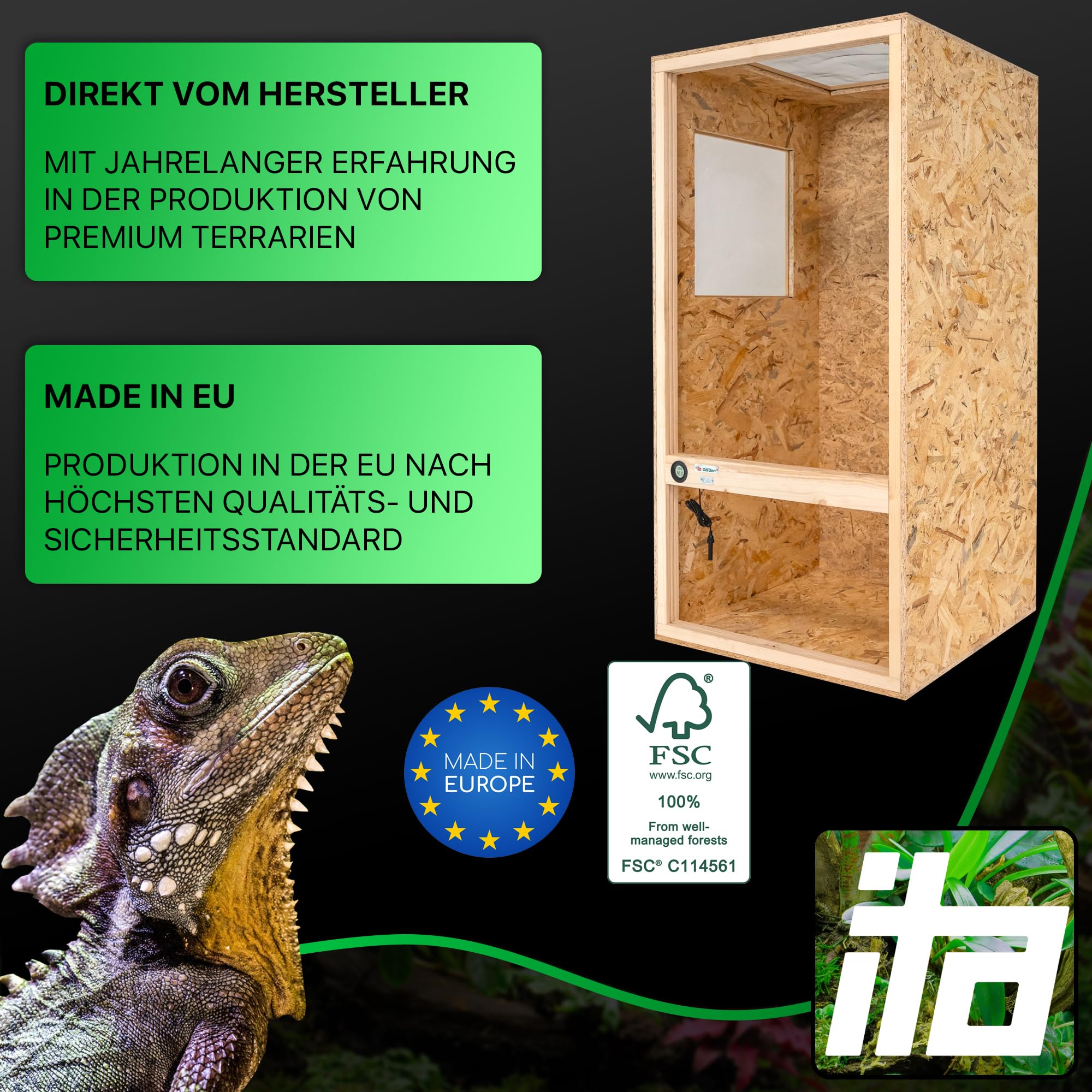 ITA Chamäleon Terrarium 120x60x60 cm mit Flächenbelüftung & Integriertem Hygrometer - Holzterrarium aus OSB-3 Platten - Terrarien für Chamäleons und andere Tierarten - EU Produkt
