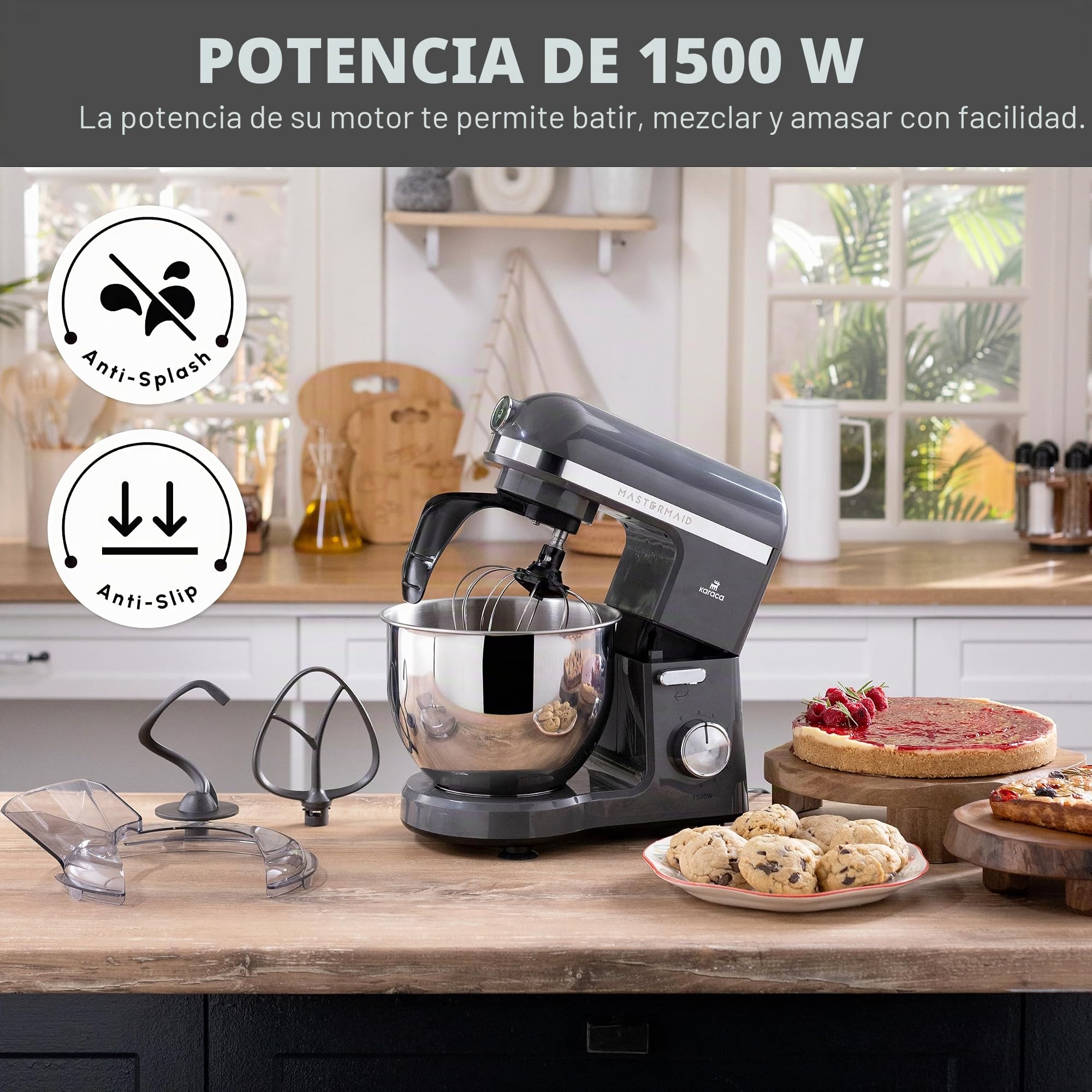 Karaca Mastermaid Chef Pro - Cocina de doble brazo (1500 W, color gris espacial, crema brillante, 1500 W, batidora de 5 L, procesador de alimentos, ajuste de velocidad, gancho para amasar, batir,