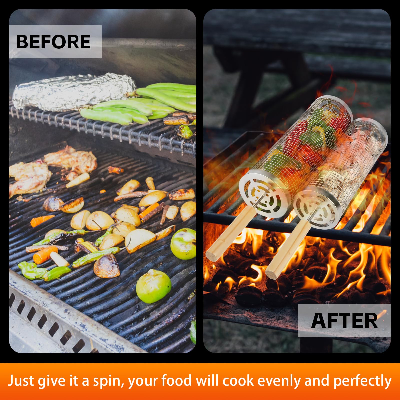 Set di Cestini per Grigliare con manico in legno, 2 Cestini per Barbecue in Acciaio Inox, Cestello per Grigliare Rotante, per Barbecue All'aperto, 30,5x10cm, 25,5x9cm