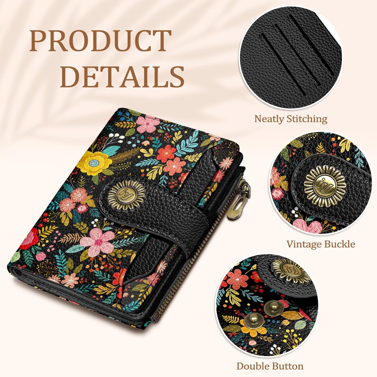 Icycay Floral Flowers Small Wallet Women RFID Blocking Bifold, Credit Card Holder, Zipper Coin Pocket, PU Leather, Compact, Travel, 4 ID Window, 14 Card Slots, Cash Purse, Ladies Woman Female Girls