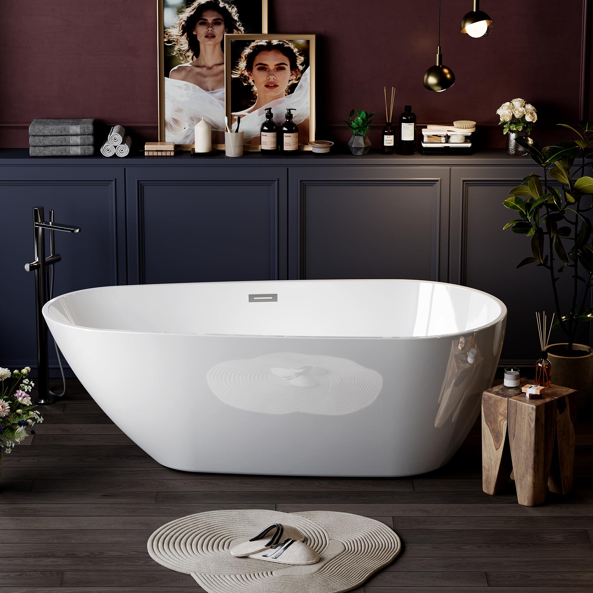 67 Inch Freestanding Bathtub, Acrylic Soaking Tub, Deep White Oval Pearl-Shape, Modern Stand Alone Bathtub with Non-Slip Base, Chrome Overflow &amp; Pop-Up Drain, Easy Assembly, for Bathroom, Home, Spa