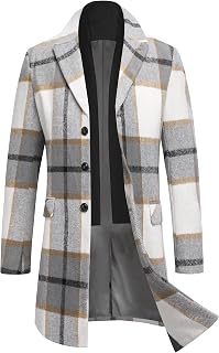 Men's Wool Blend Coat with Detachable Plaid Scarfs Notched Collar Single Breasted Pea Coat Trench Overcoat