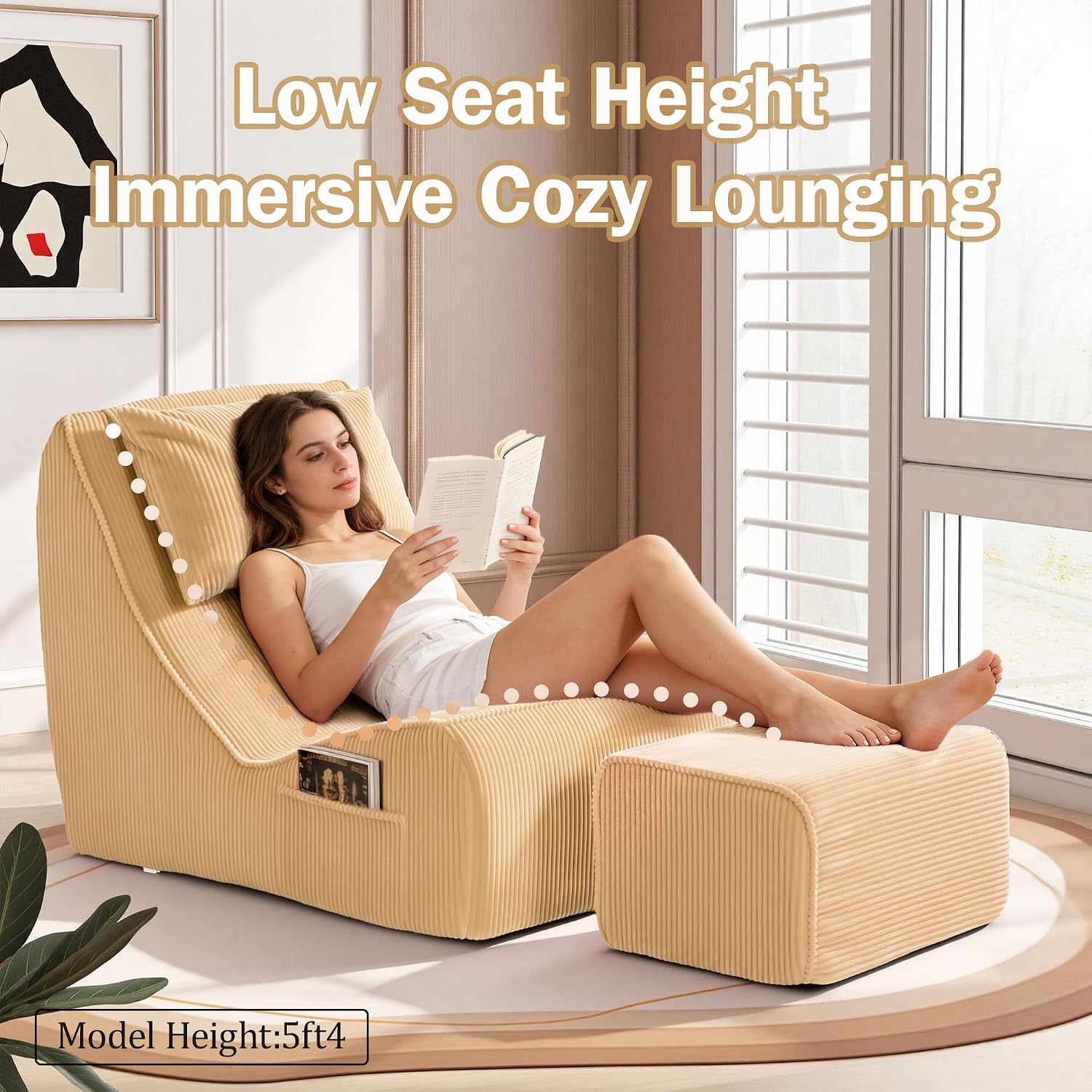 Trenda Chaise Lounge Chair with Ottoman, Boneless Accent Recliner Chair with Washable Cover, Adjustable Neck Pillow, Comfy Floor Chair for Living Room, Bedroom, Small Space.
