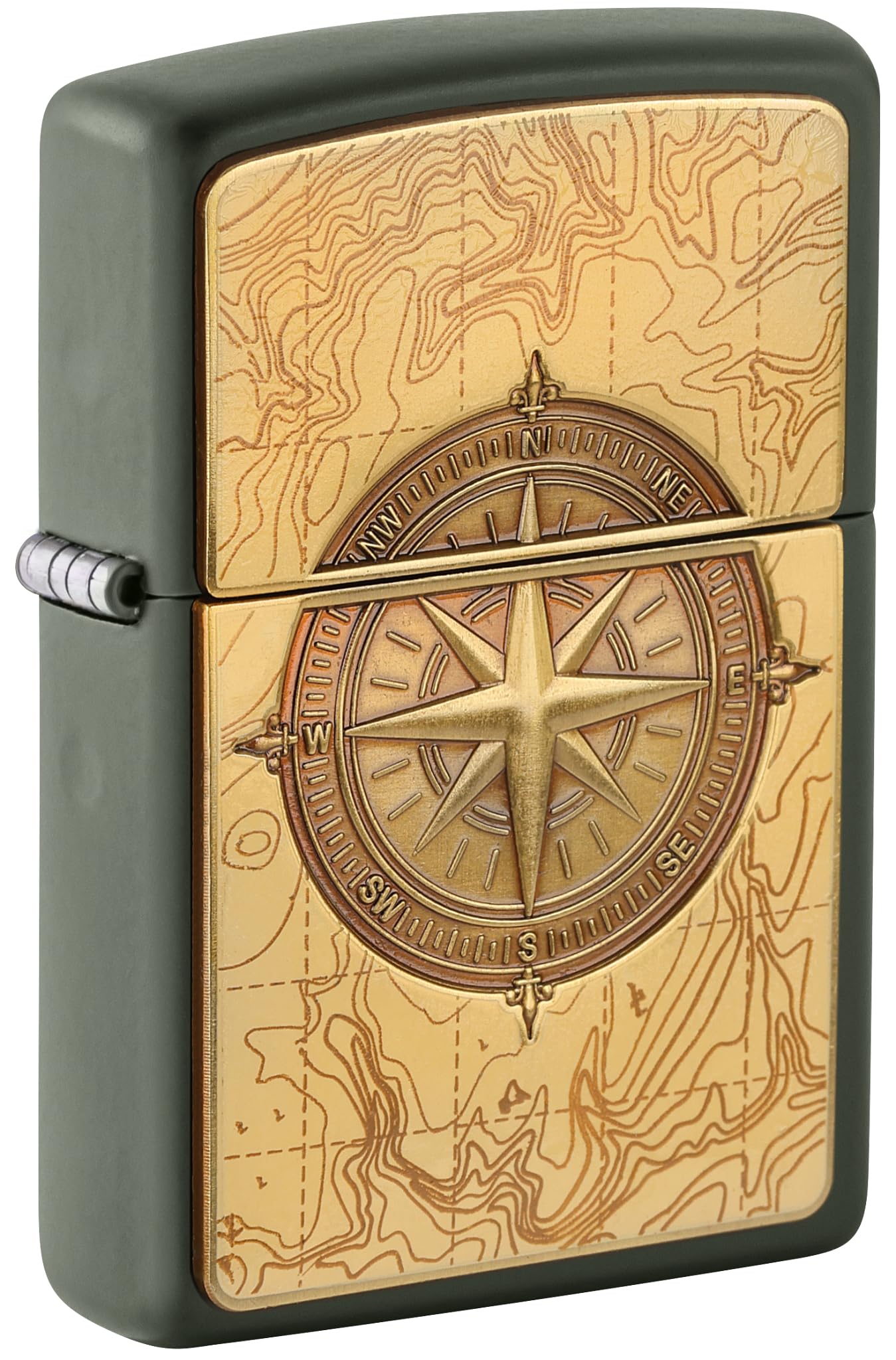 Zippo Sturmfeuerzeug - Topographic Compass, Green Matte, Emblem - Nachfüllbar - Wiederverwendbar - Windfestes Design - Geschenkbox - Made in USA