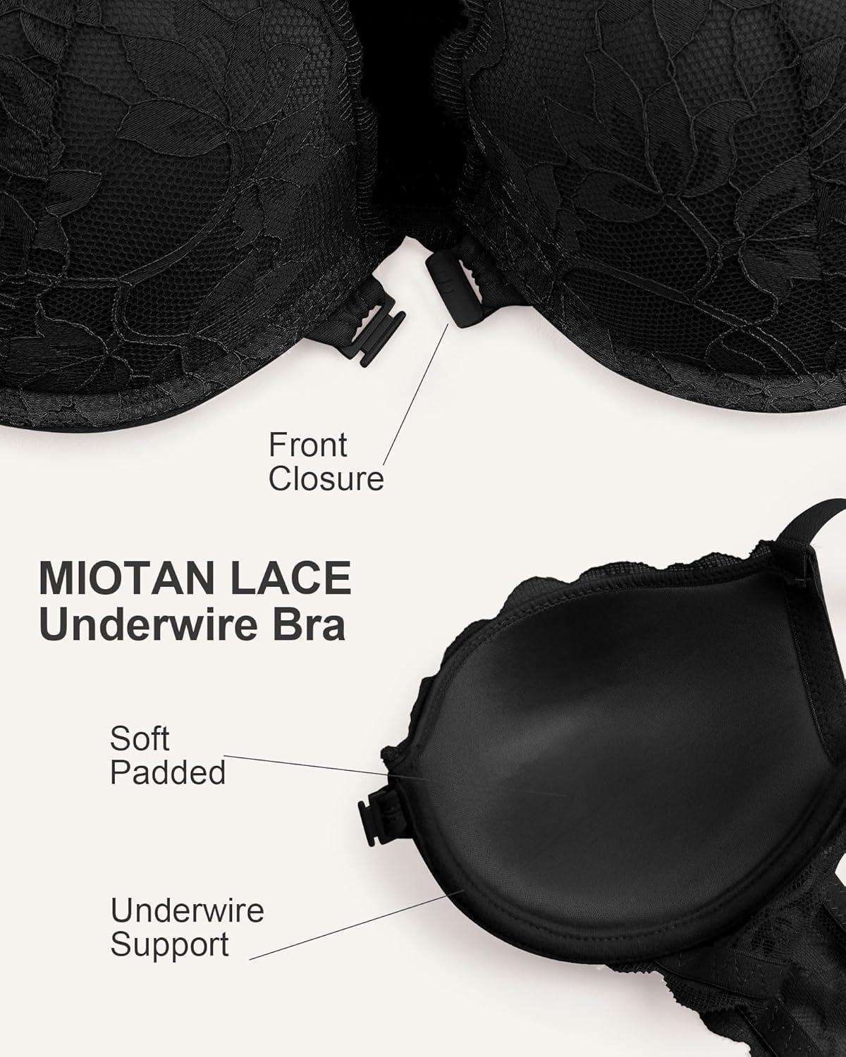 Women's Front Closure Bra Sexy Lace Lightly Padded Bra Uplift Comfort Underwire - Image 4