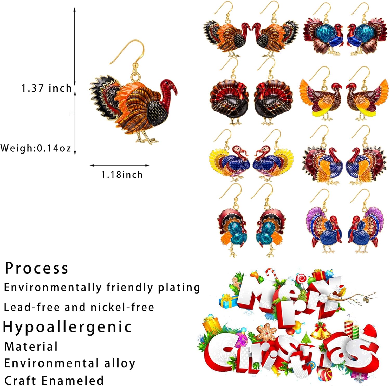 Thanksgiving Earrings for Womens, Enameled Xmas Holiday Jewelry Turkey Drop Dangle Earrings - Image 2