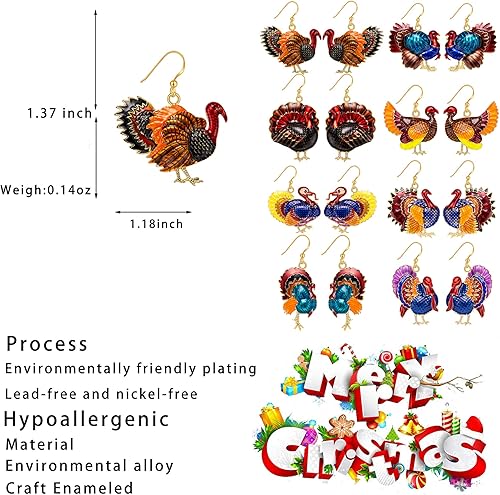 Miniatura 2 de Thanksgiving Earrings for Womens, Enameled Xmas Holiday Jewelry Turkey Drop Dangle Earrings