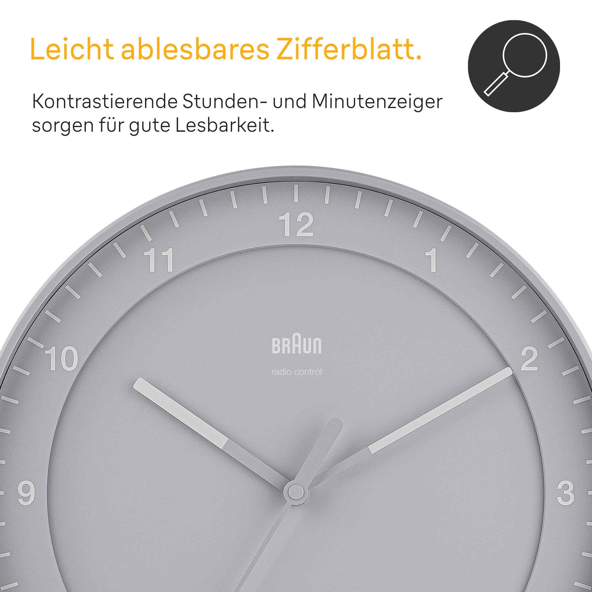 Braun Classic Funkuhr für die mitteleuropäische Zeitzone (DCF/GMT+1) mit geräuschlosem Uhrwerk, leicht ablesbar, 30 cm Durchmesser in Grau, Modell BC17G-DCF