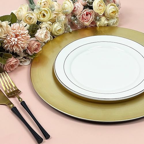 Miniatura 5 de Platos de carga dorados de lámina metálica, juego de 12 cargadores de placa redonda de plástico acrílico para platos llanos, eventos de fiesta de