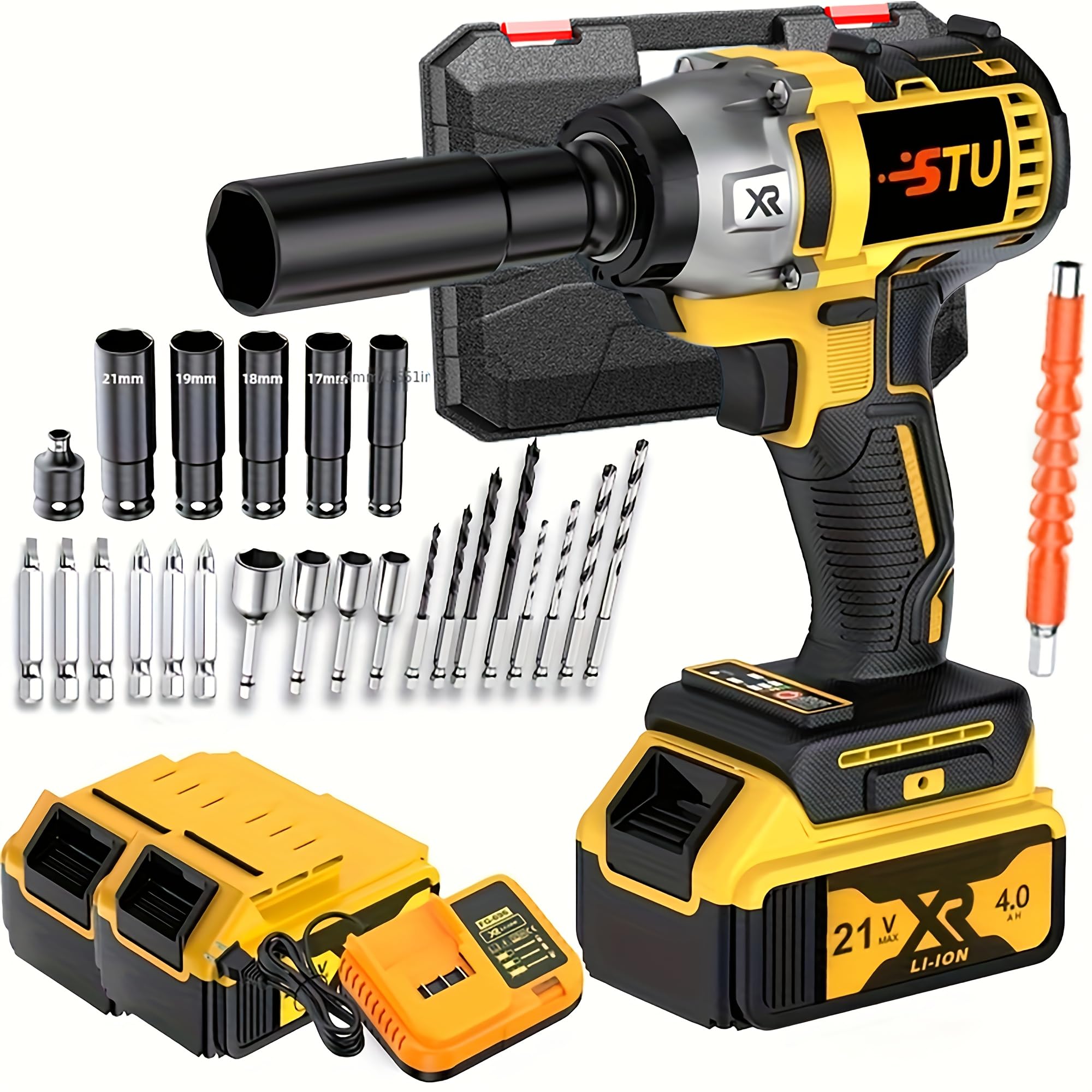 21V wireless impact wrench,Wireless drill/driver compatible with car (Battery 2+plastic box)