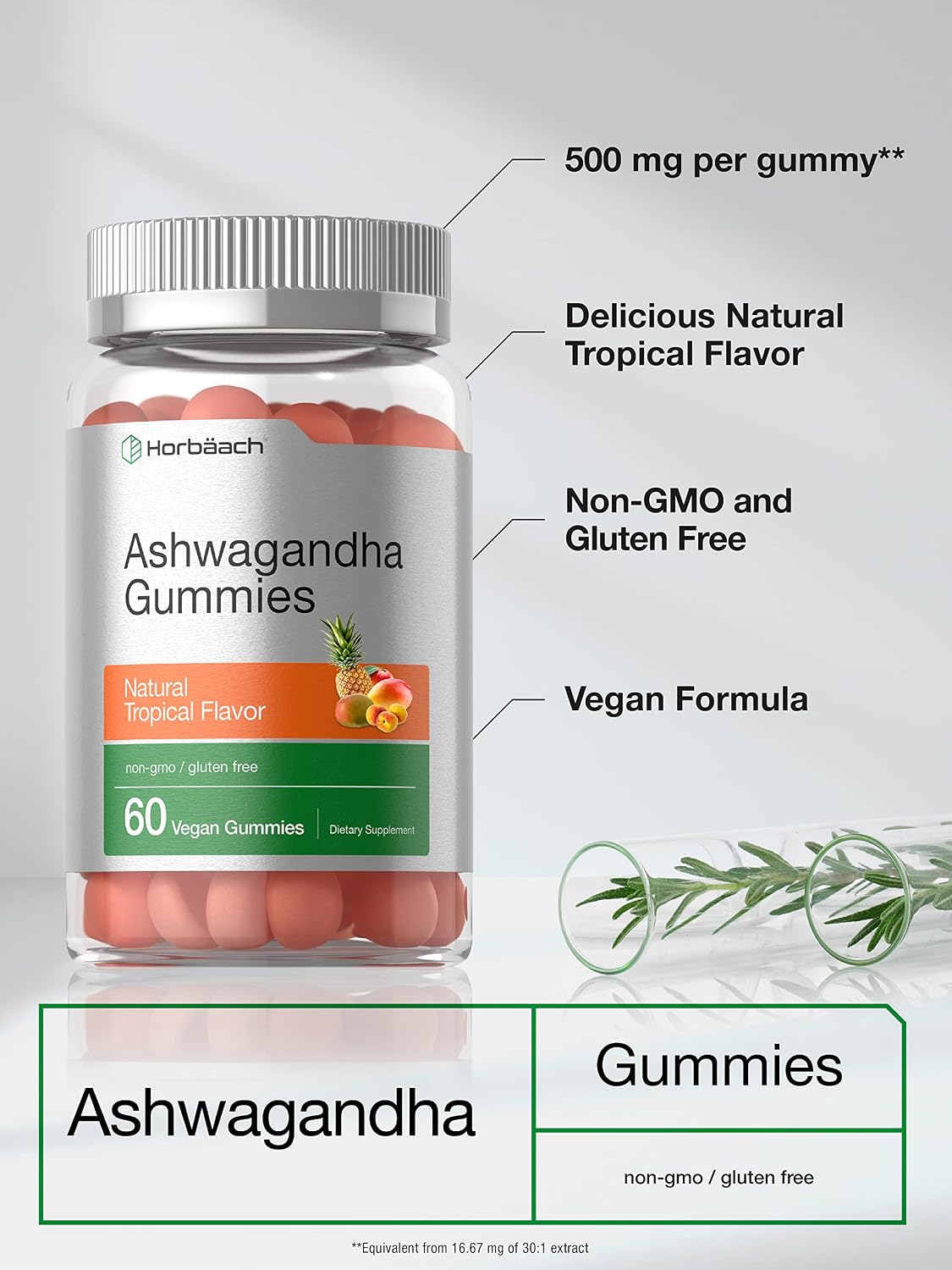 Ashwagandha Gummies for Women and Men | 60 Count | Vegan, Non-GMO, & Gluten Free Supplement | Natural Tropical Flavor | by Horbaach