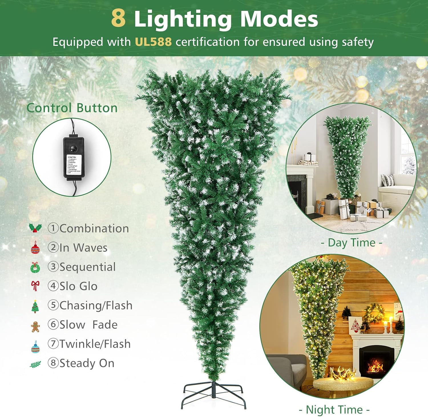DORTALA Pre-Lit Upside Down Christmas Tree, 7.5 FT Snow Artificial Inverted Xmas Tree with 1100 Branch Tips, 400 Warm LED Lights, 8 Lighting Modes, Foldable Metal Stand, Green