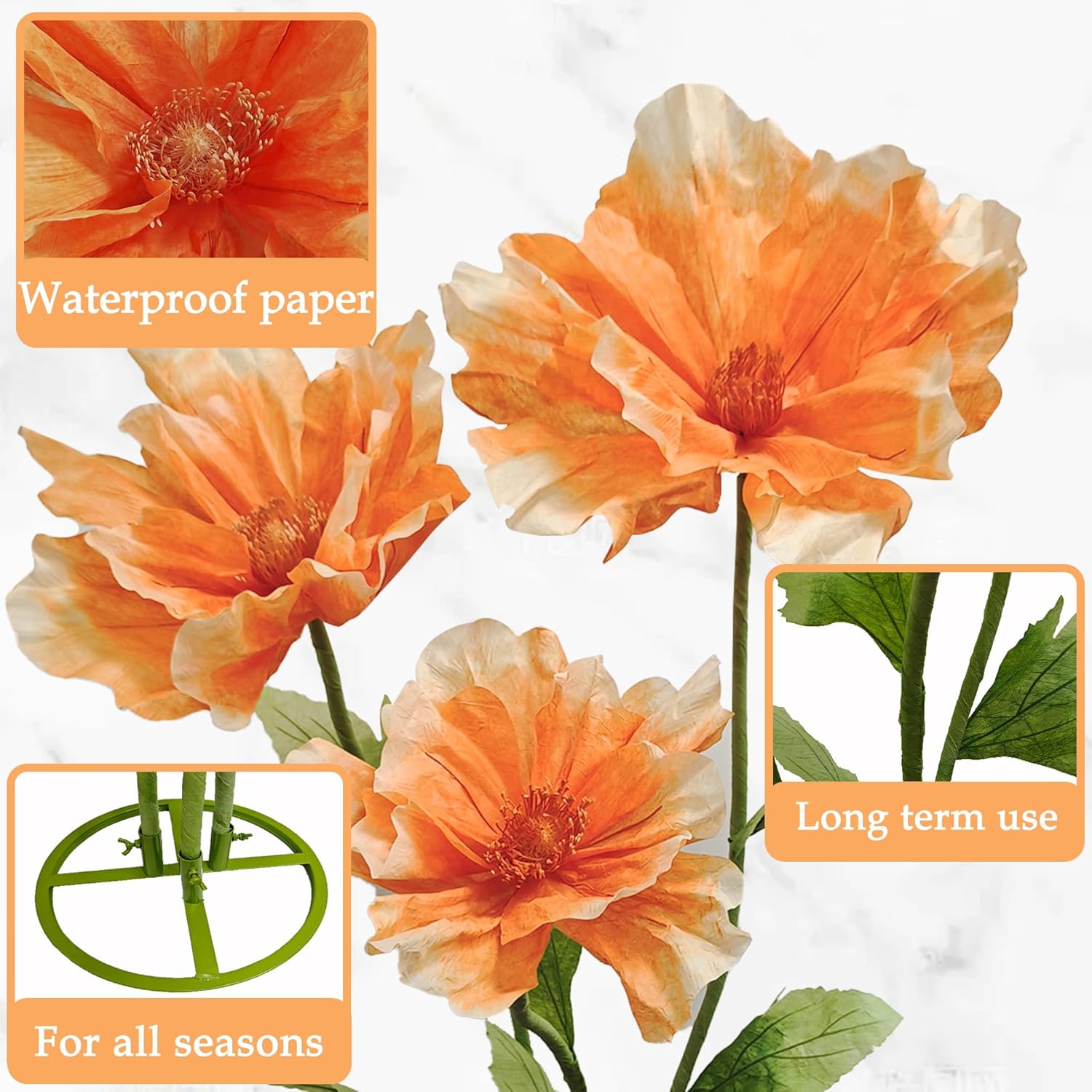 3PCS Giant Peony Artificial Flower - 3D Orange Realistic Foldable Fake Flowers Waterproof, Garden Home Shopping Mall Event Weddings Christmas Graduation Party Decorations