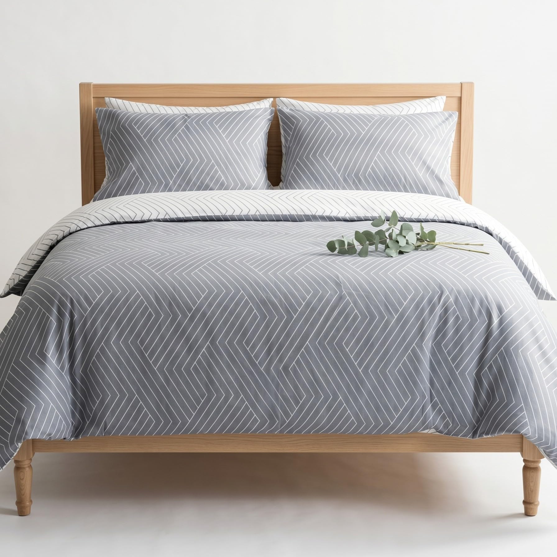 Leruum Gray Duvet Cover Bedding Set 100% Cotton Reversible Striped Quilt Cover Set (, (135X200 + (80X80))