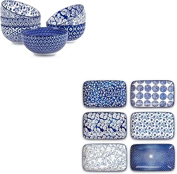 Selamica Ceramic Dessert Bowls Set 12 Oz + Rectangular Salad Plates 8 Inch, Vintage Blue