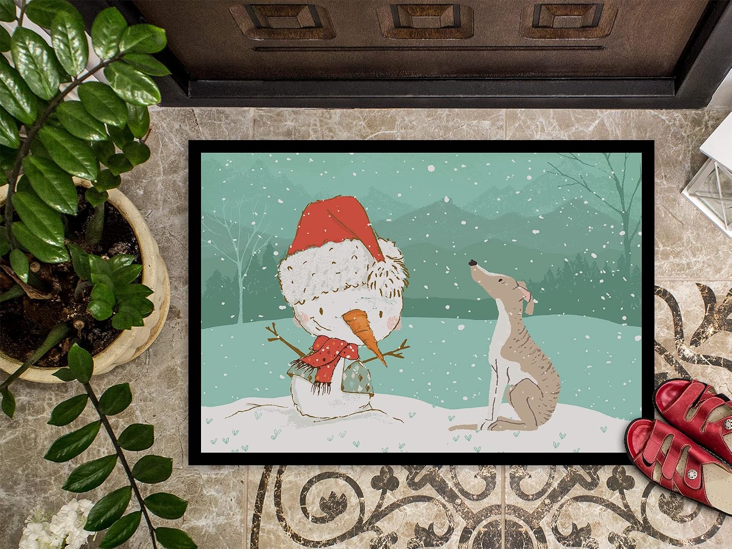 Caroline's Treasures CK2079JMAT Whippet Snowman Christmas Doormat 24x36 Front Door Mat Indoor Outdoor Rugs for Entryway, Non Slip Washable Low Pile, 24H X 36W