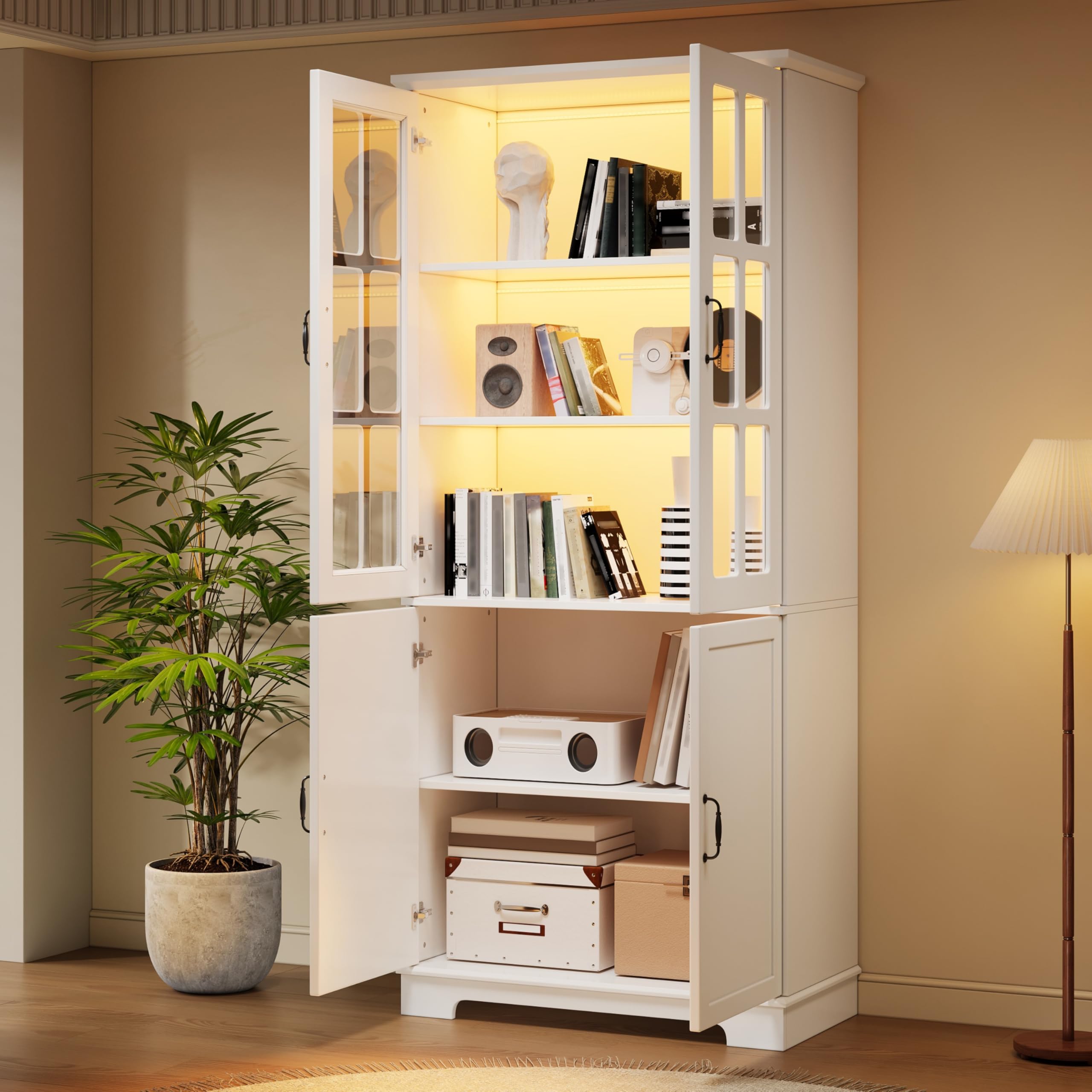 Vitrine Glasvitrine Stehend mit LED Licht und 2 Glasgittern, Vitrinenschrank Highboard mit 5 Etagen, Wohnzimmerschrank Bücherschrank mit Trennwand, Schrank Weiß, Wohnzimmer Möbel, 80x38x180 cm