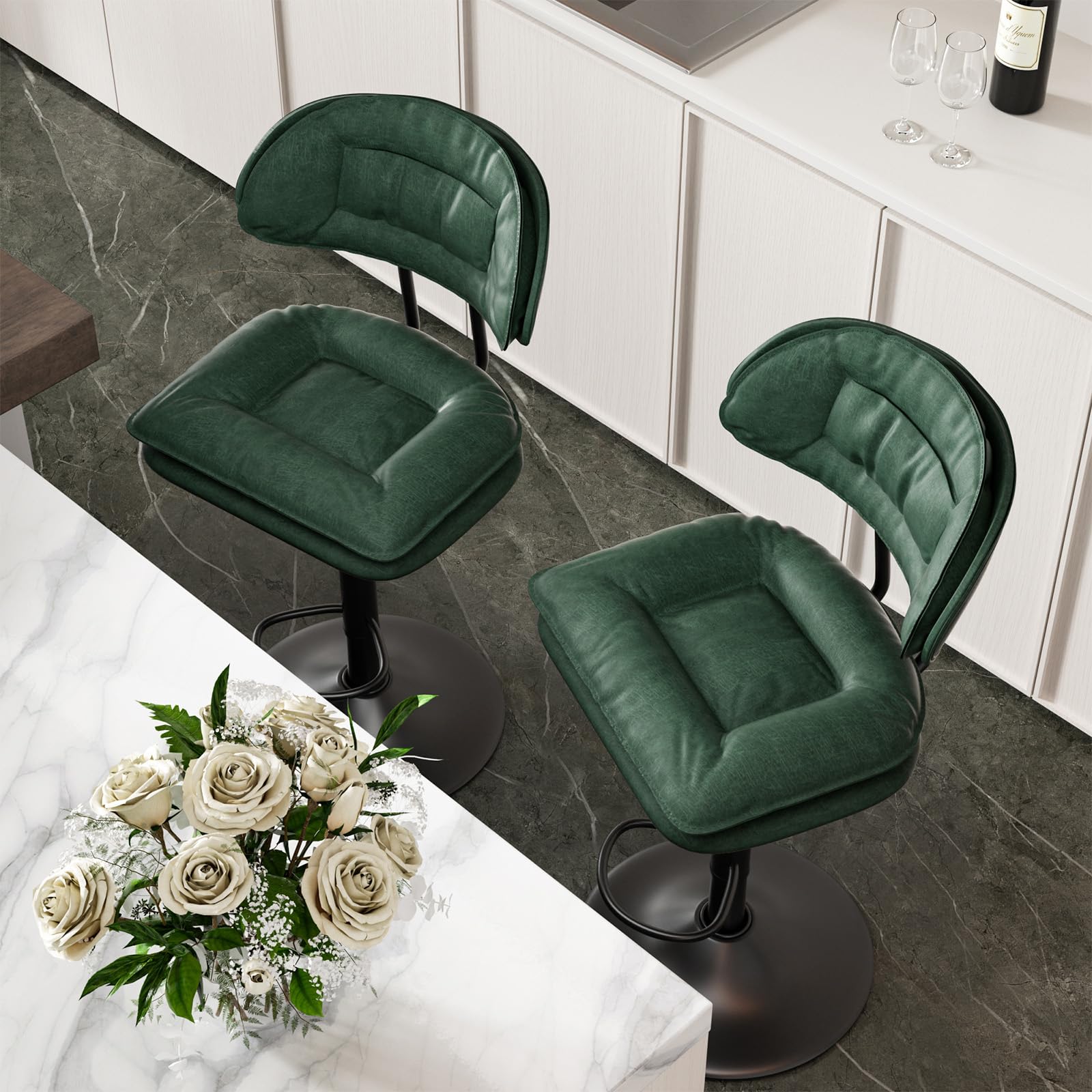 Hawthyhome Juego de 2 taburetes de Bar, taburetes ergonómicos Acolchados con Respaldo, taburetes de Bar Ajustables de Doble Capa, para Comedor, Bar en casa o Isla de Cocina,Color Verde Militar