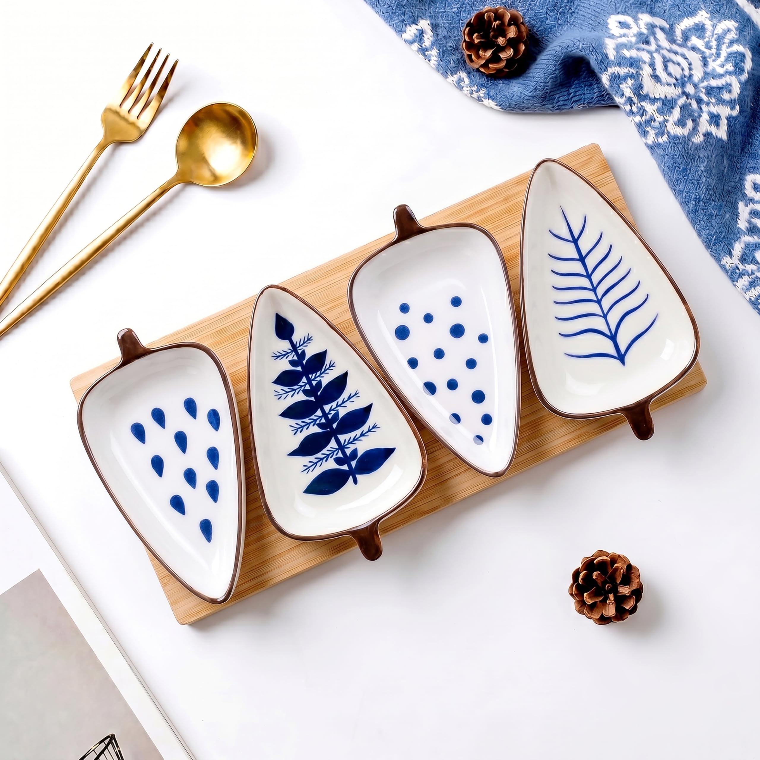 Birch & Co. Ceramic Leaf Serving Platter Set with Wooden Tray - Set of 4 Leaf-Shaped Snack Plates - Serving Tray for Dry Fruits, Sweets, Snacks, Decorative Tableware for Home & Parties, Blue-image-45
