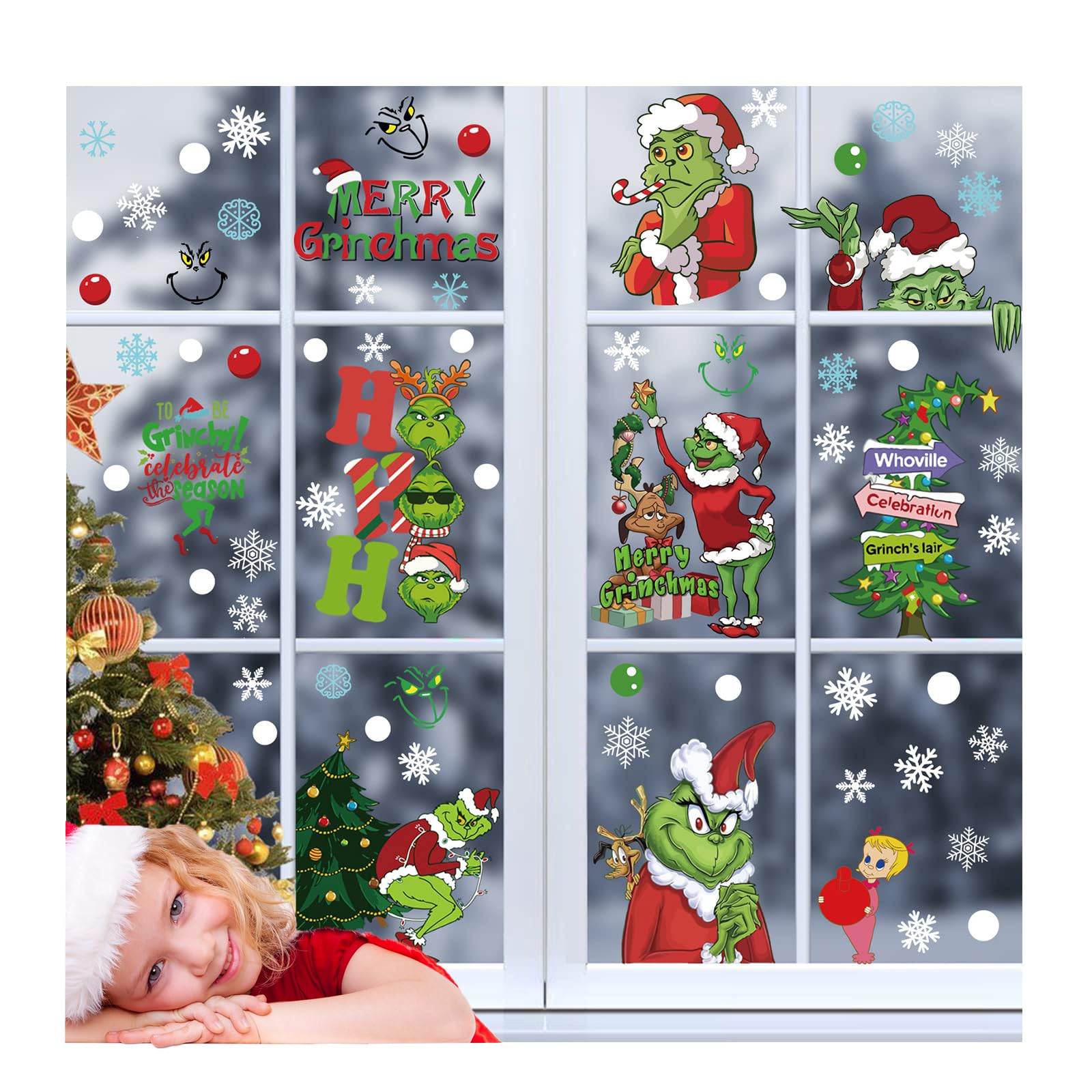 Christmas Grinch Decorations Window Clings, Upgraded Static Christmas Window Stickers, for Car Office Home School Christmas Party Supplies Winter Holiday Decorations