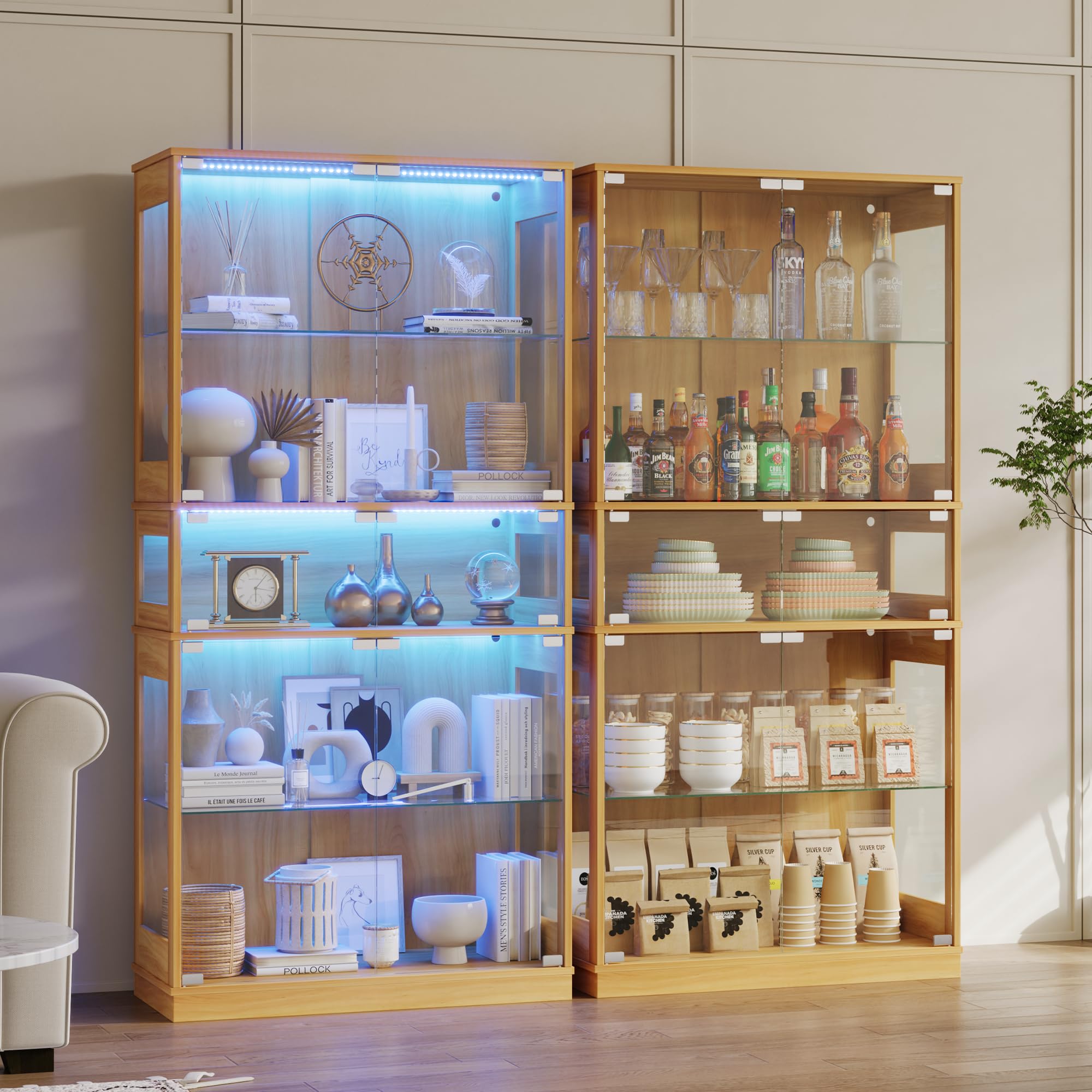 ZKIODV Glasvitrine mit LED Beleuchtung, 5-Lagen Vitrinenschrank Glas Stehend, Holz Vitrine mit Intelligente Sensorik, Sammlervitrine Staubdicht für Wohnzimmer Schlafzimmer Büro - 165x80 cm (Eiche)