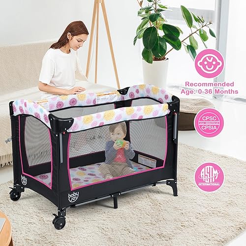 Miniatura 9 de BABY JOY 4 en 1 rosa Pack and Play, cama de noche para bebé con moisés, 3 alturas ajustables, caja de música, fácil de instalar, cuna plegable con