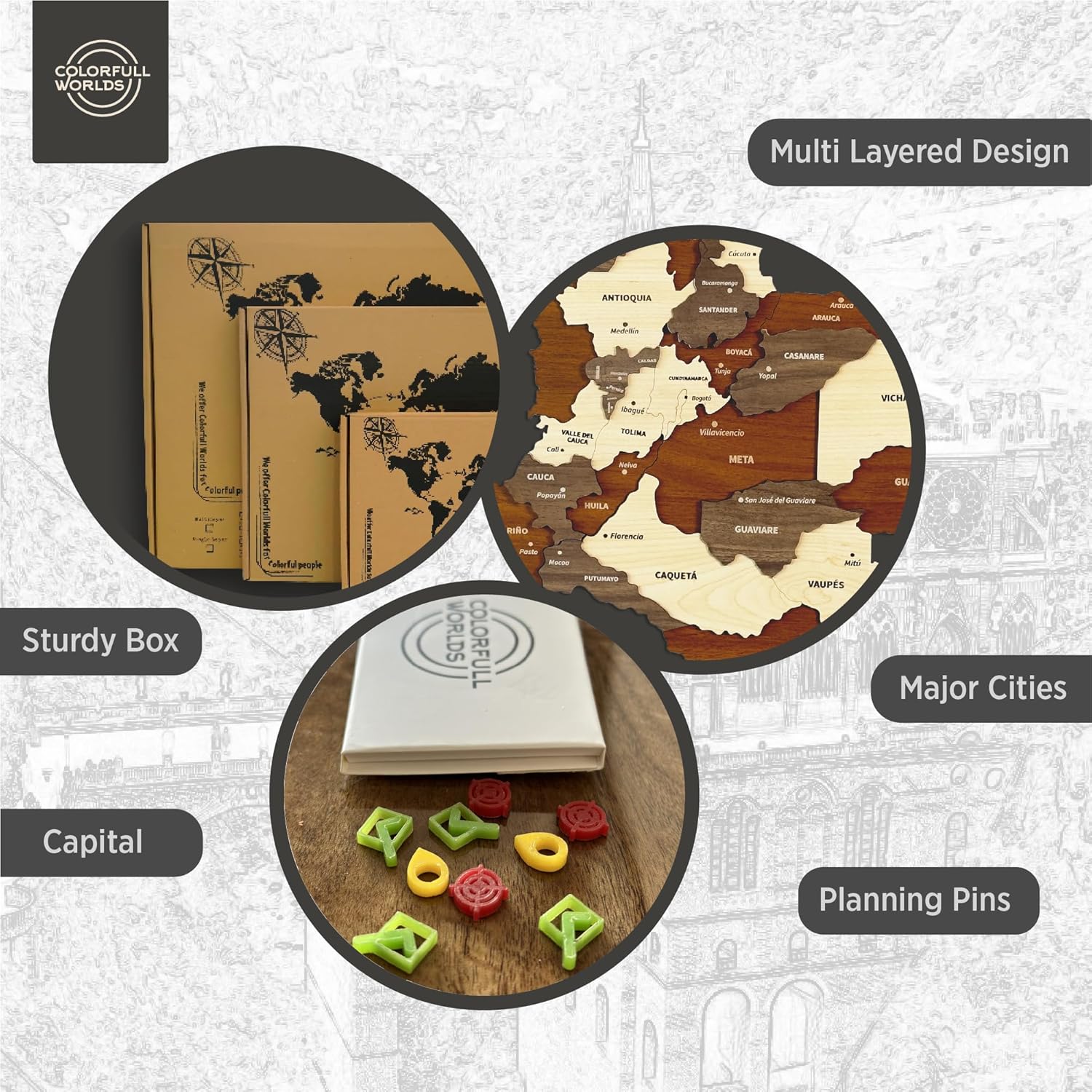 Multilayered Wooden 3D Colombia Map, Gift for Colombian Friend, Colombia Wooden Wall Decor, Map for Traveller (90x66 cm | 35.4x26 inches)