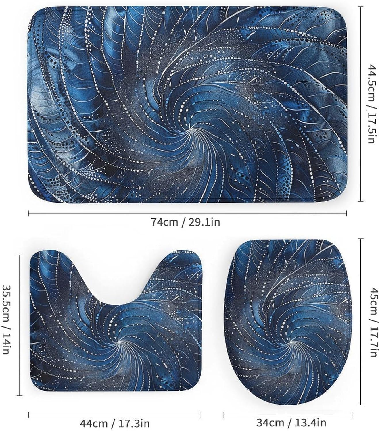 Spiral Swirl Pattern Shower Curtain Set 4 Piece, Non-Slip Bath Mat with Toilet Lid Cover and Waterproof Shower Curtain with 12 Hooks, Complete Bathroom Set for Home Decor