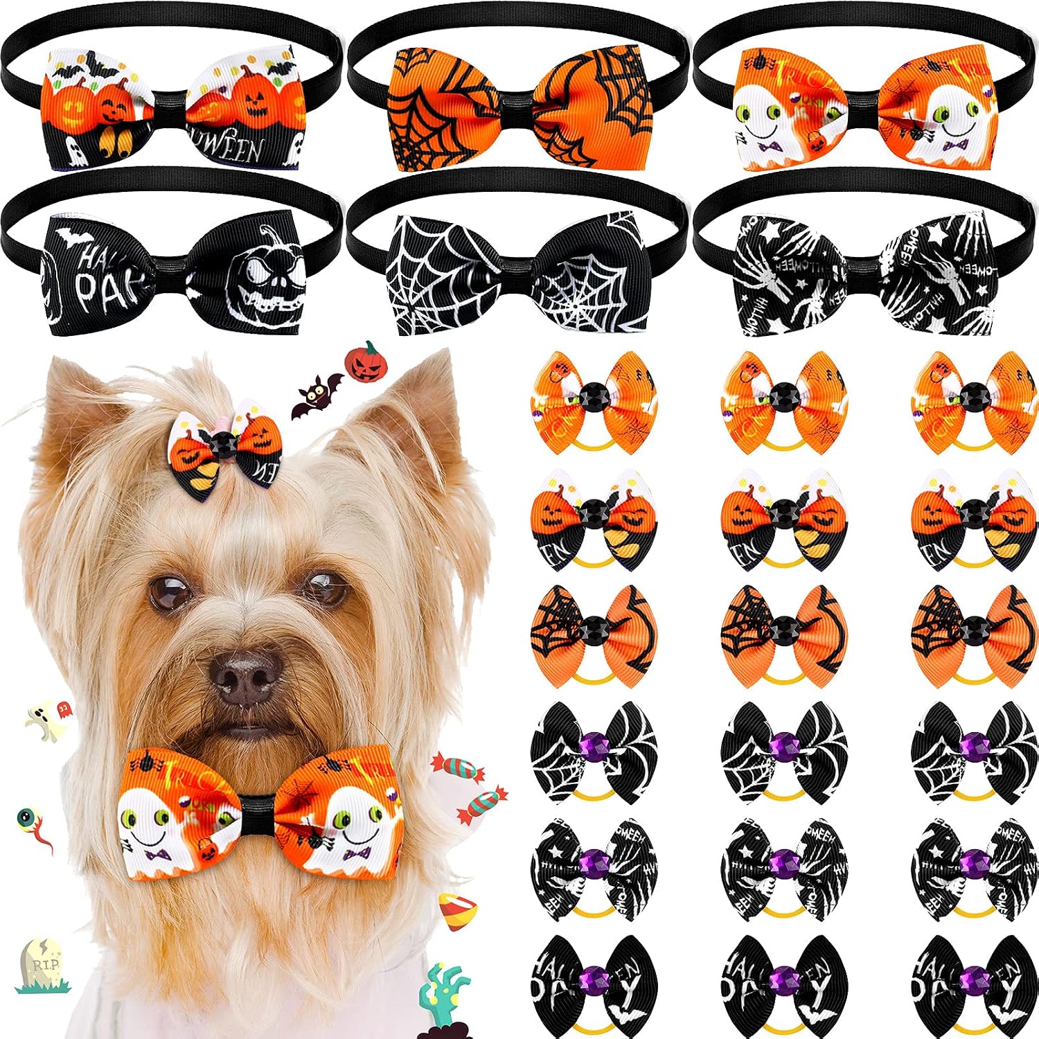 24 Pieces Halloween Dog Hair Bows Halloween Pet Bow Ties Pet Neck Bows Grooming Bows Ties Puppy Bowknot Hair Bows Pet Hair Accessories…