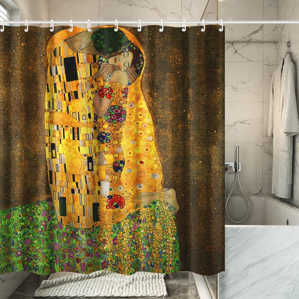 INVIN ART Bathroom Shower Curtain Set with Hooks,The Kiss by Gustav Klimt,Home Art Paintings Pictures for Bathroom