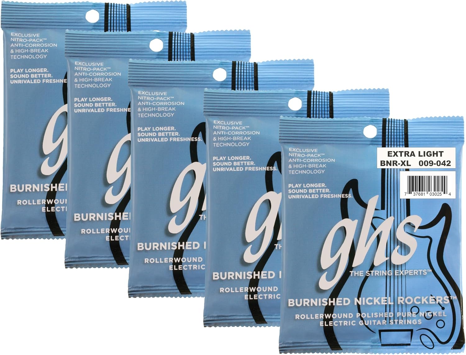 GHS Strings - Burnished Nickel Rockers - Electric Guitar Strings - Pure Nickel - Polished Smooth Feel & Warm Vintage Tone - Retro Rock & Blues Sound - Extra Light Gauge - BNR-XL SET - 9-42 - 5 PACK