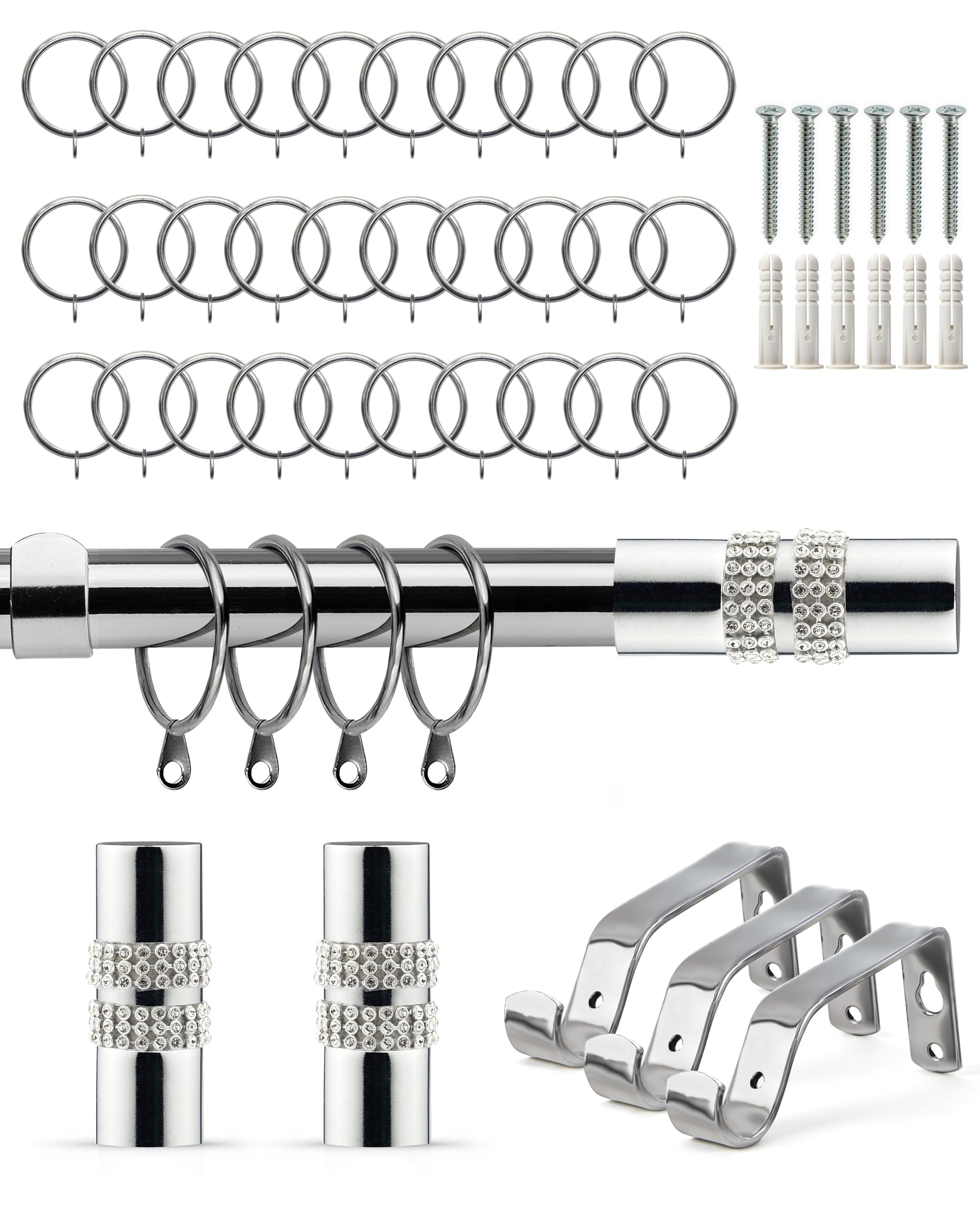 Emma Barclay  Silver Curtain Pole With Rings Extendable Diamante in Size 160-300cm, Sports Direct