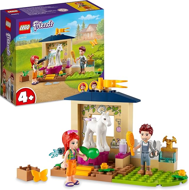 LEGO 41696 Friends Pony-Washing Stable Horse Toy with Mia Mini- Doll, Farm Animal Care Set, Gift Idea for Kids, Girls and Boys 4 Plus Years Old