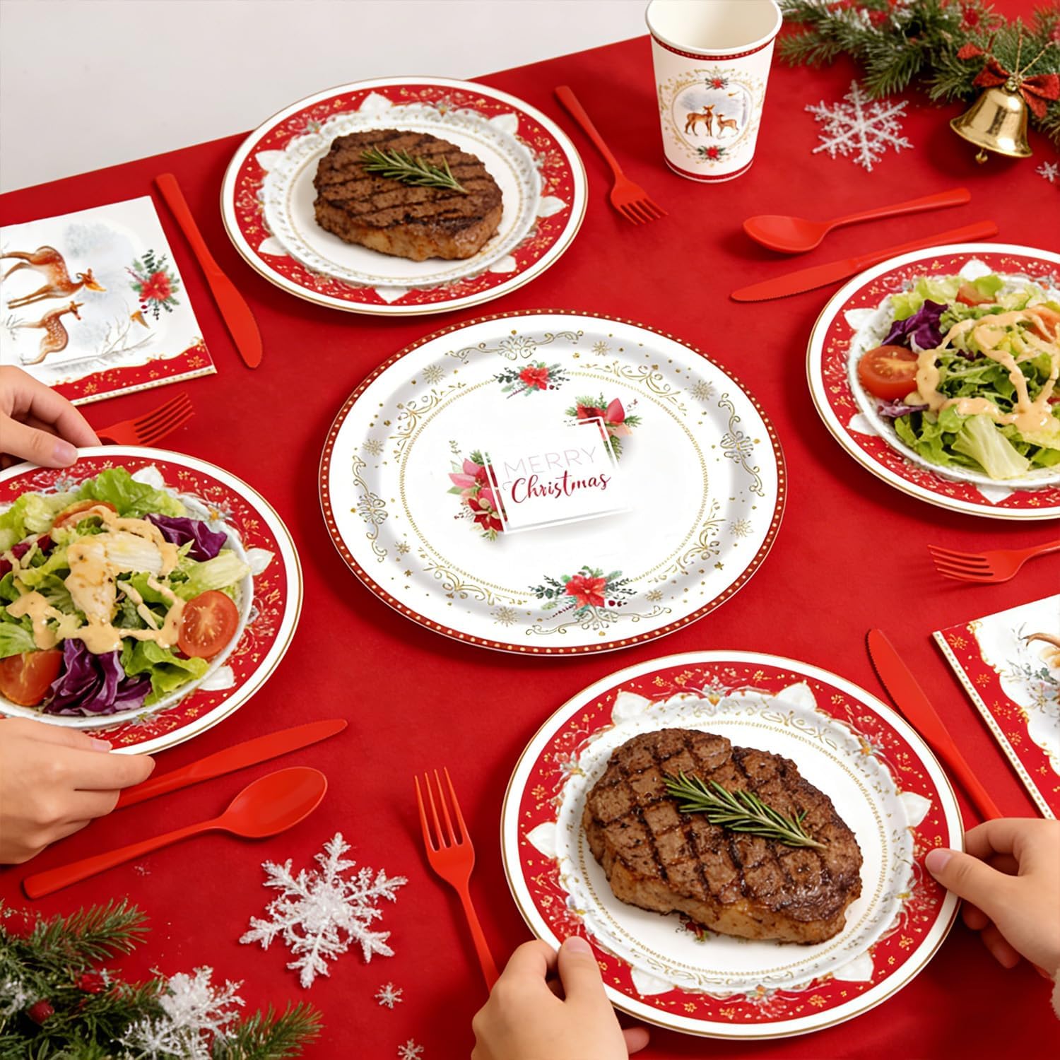 Christmas Poinsettia Flower Deer Disposable Plate - 25 Set Deer Christmas Holiday Woodland White Xmas Party Plates, Napkins Cups,Perfect for School Office Home