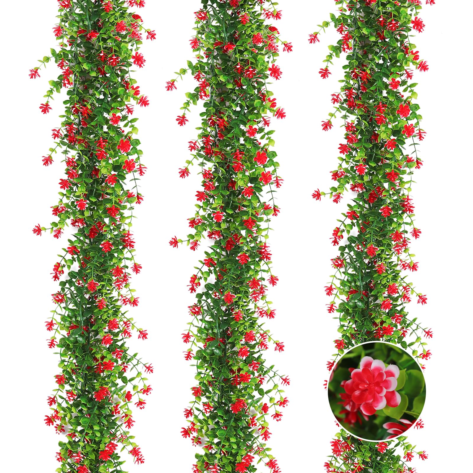 3 Pack Artificial Spring Eucalyptus Garland Faux Hanging Eucalyptus Plants with Flowers Spring Fake Greenery Vines Garland for Spring Thanksgiving Home Wedding Mantle Wall Decor(Red)