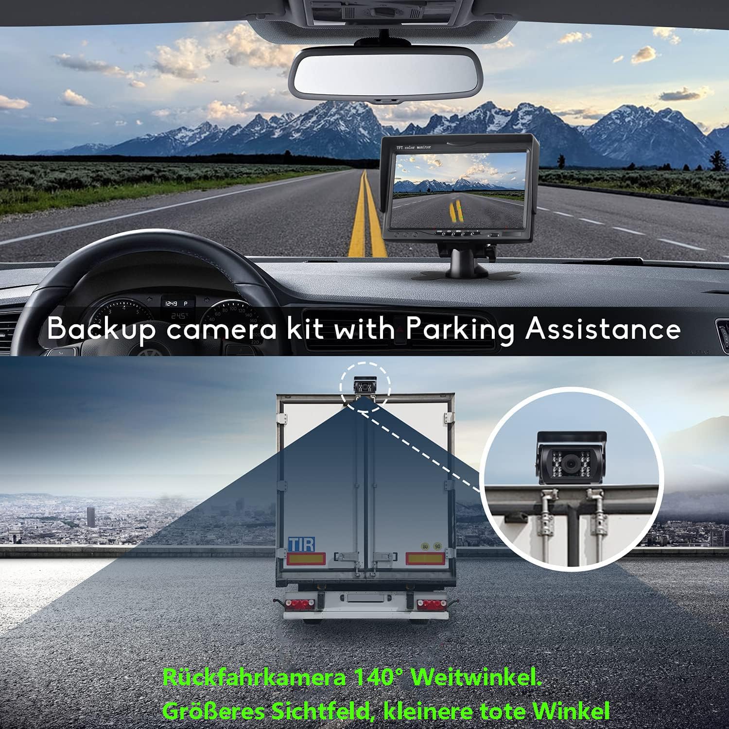 Rückfahrkamera Set 7 Zoll Rear View Monitor IP68 wasserdichte Nachtsicht Auto Backup-Kamera 12V-24V 15m Kabel Wohnmobil Van Trucks Bus Trailer